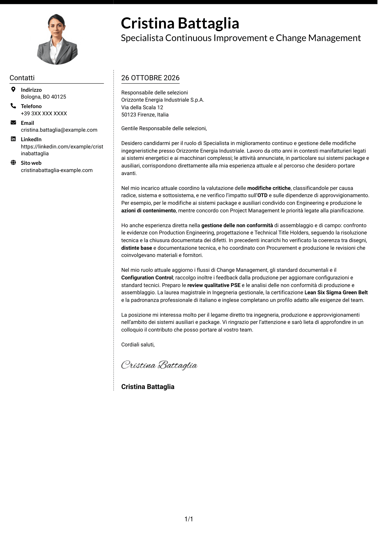 Lettera di presentazione Moderno (formato a due colonne con foto a sinistra e separatore): Specialista in miglioramento continuo e gestione delle modifiche ingegneristiche, pagina 1