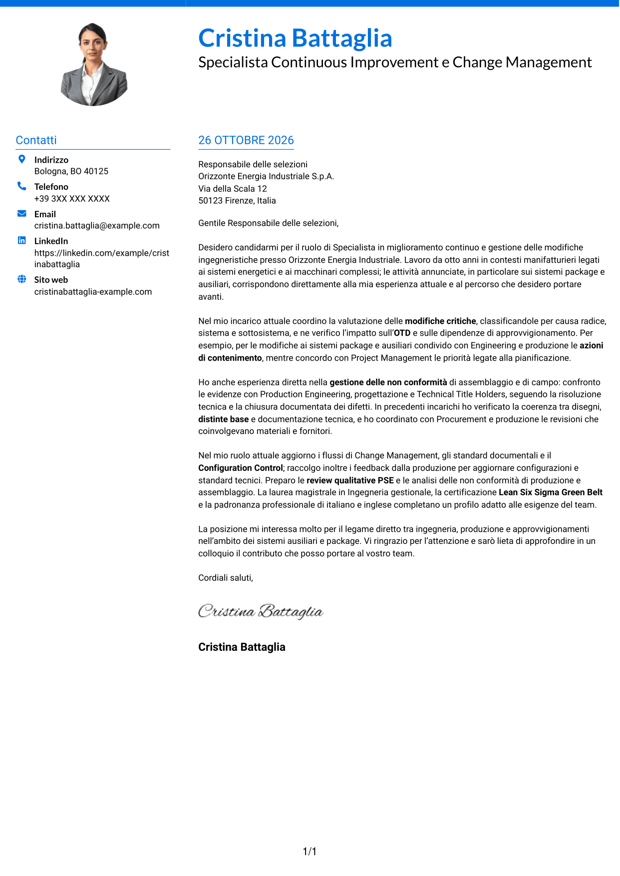 Lettera di presentazione Audace (formato a due colonne con accenti colorati e foto): Specialista in miglioramento continuo e gestione delle modifiche ingegneristiche, pagina 1