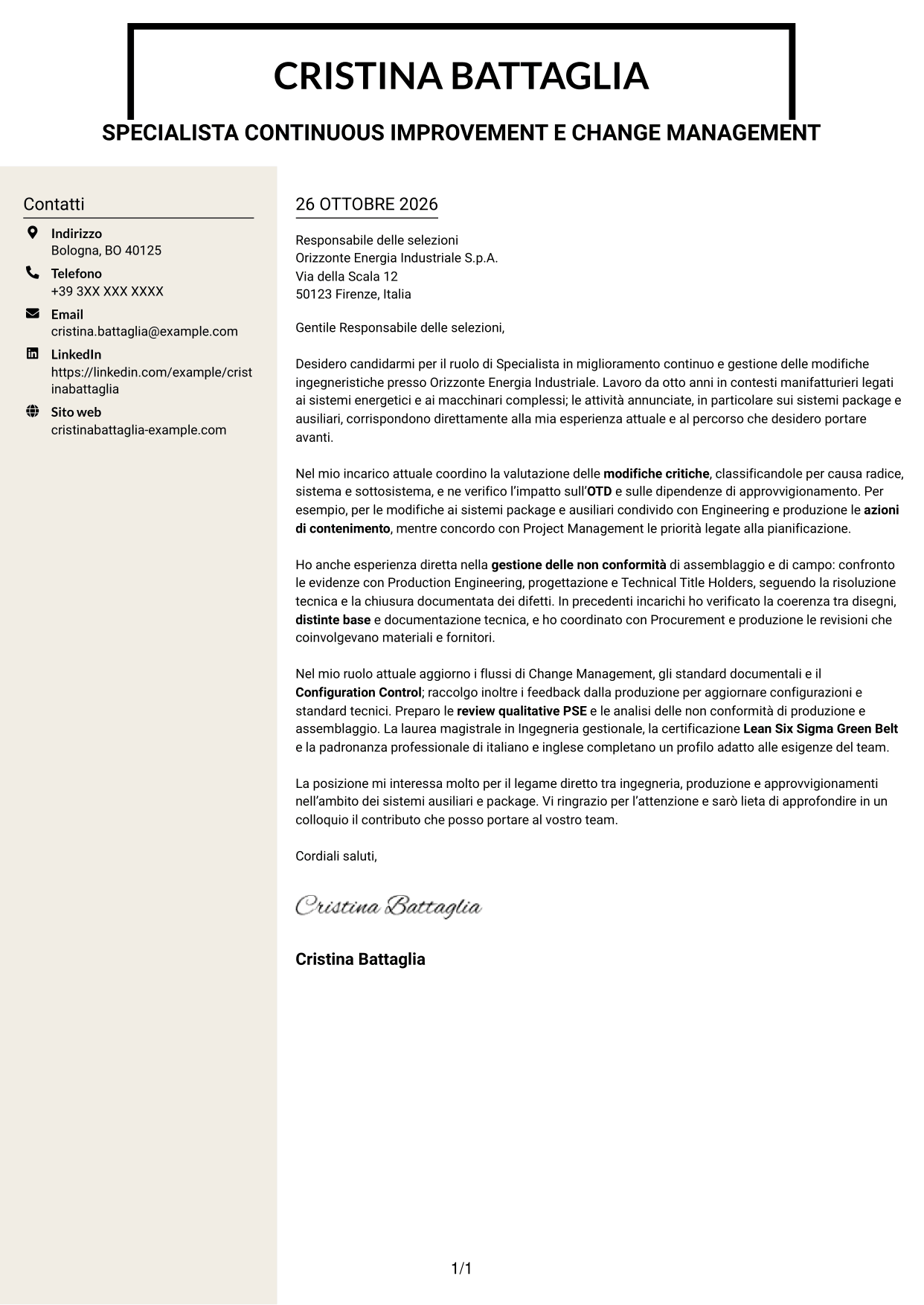 Lettera di presentazione Intraprendente (formato a due colonne con intestazione centrata senza foto): Specialista in miglioramento continuo e gestione delle modifiche ingegneristiche, pagina 1