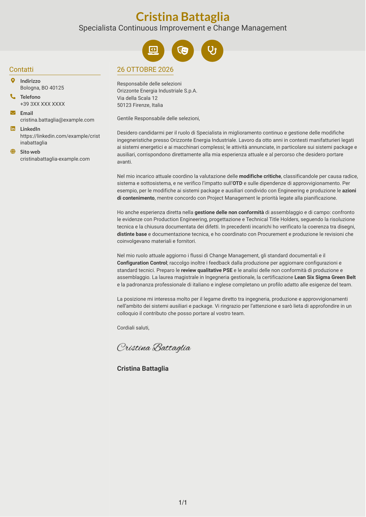 Lettera di presentazione Dinamico (formato a due colonne con icone): Specialista in miglioramento continuo e gestione delle modifiche ingegneristiche, pagina 1