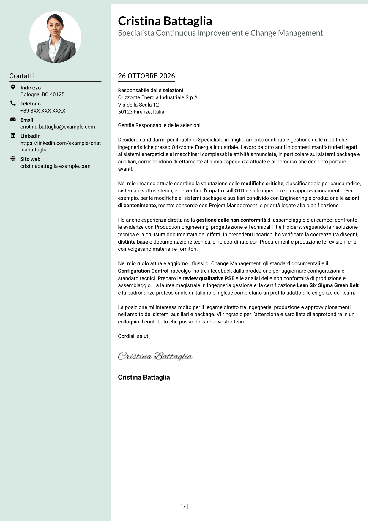 Lettera di presentazione Dirigente (formato con colonna laterale tenue e foto arrotondata): Specialista in miglioramento continuo e gestione delle modifiche ingegneristiche, pagina 1