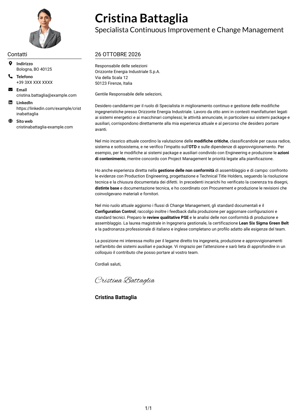 Esempio di lettera di presentazione — pagina 1