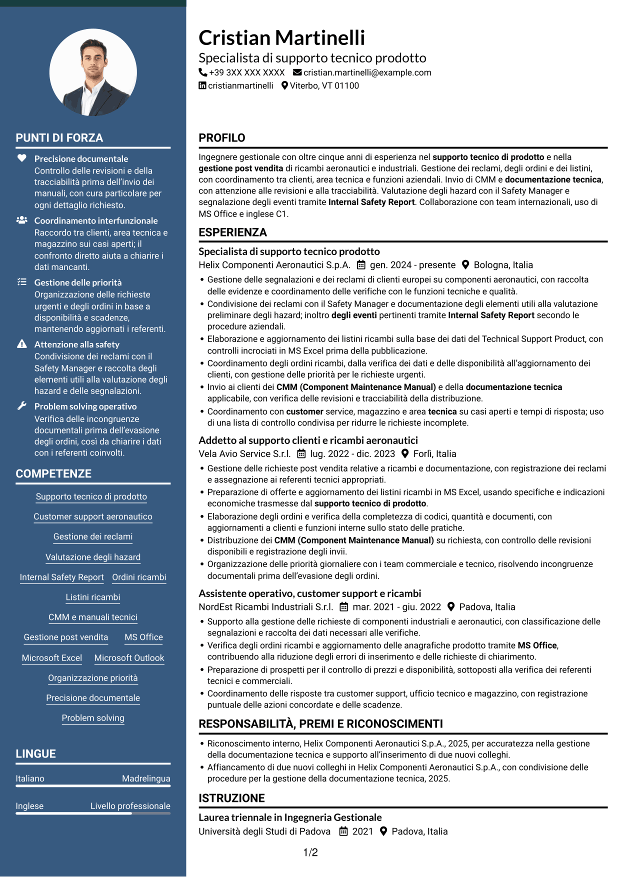 CV Elegante (formato con colonna laterale colorata e foto): Specialista junior di supporto tecnico prodotto - Ricambi aeronautici e safety, pagina 1