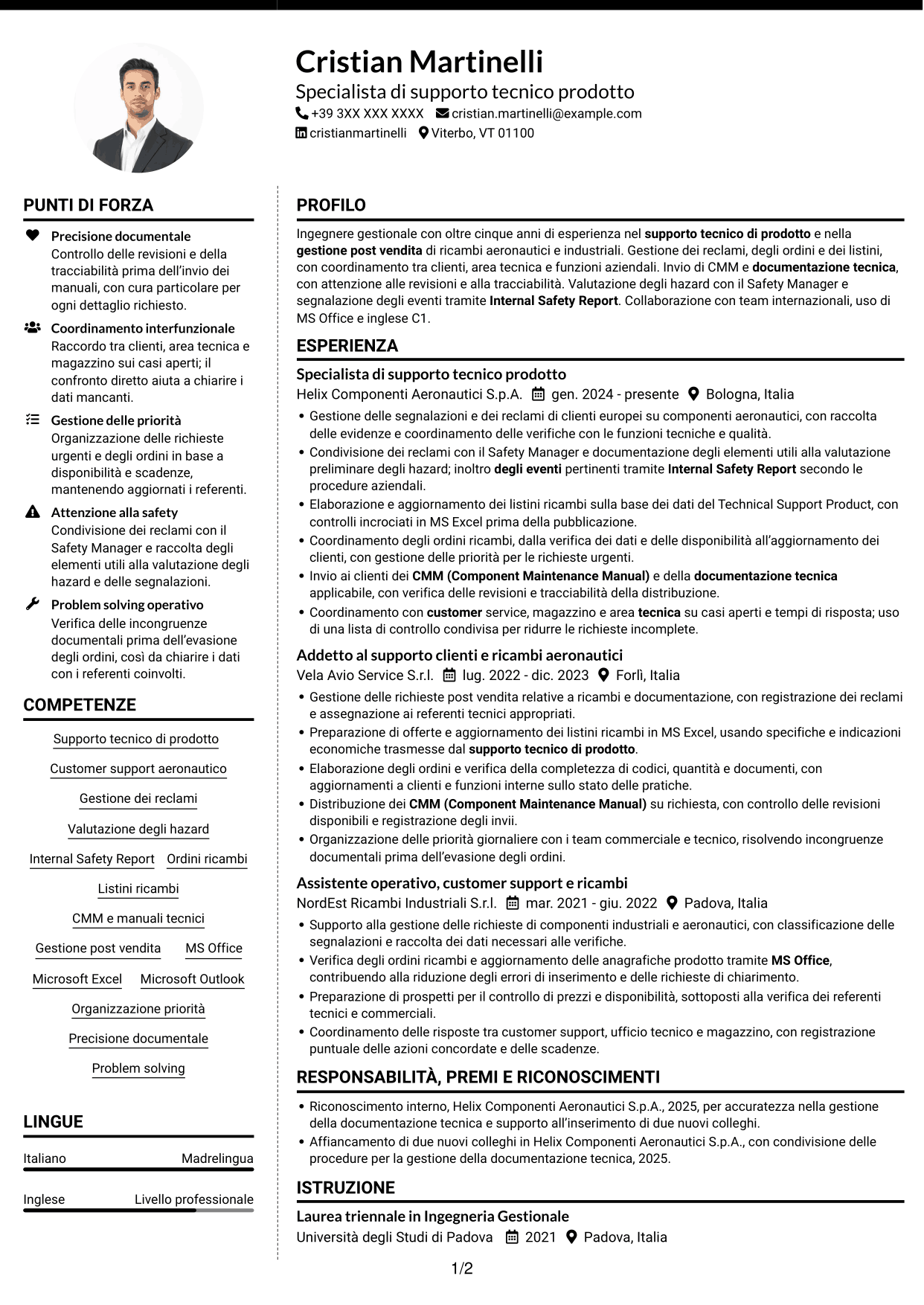 CV Moderno (formato a due colonne con foto a sinistra e separatore): Specialista junior di supporto tecnico prodotto - Ricambi aeronautici e safety, pagina 1