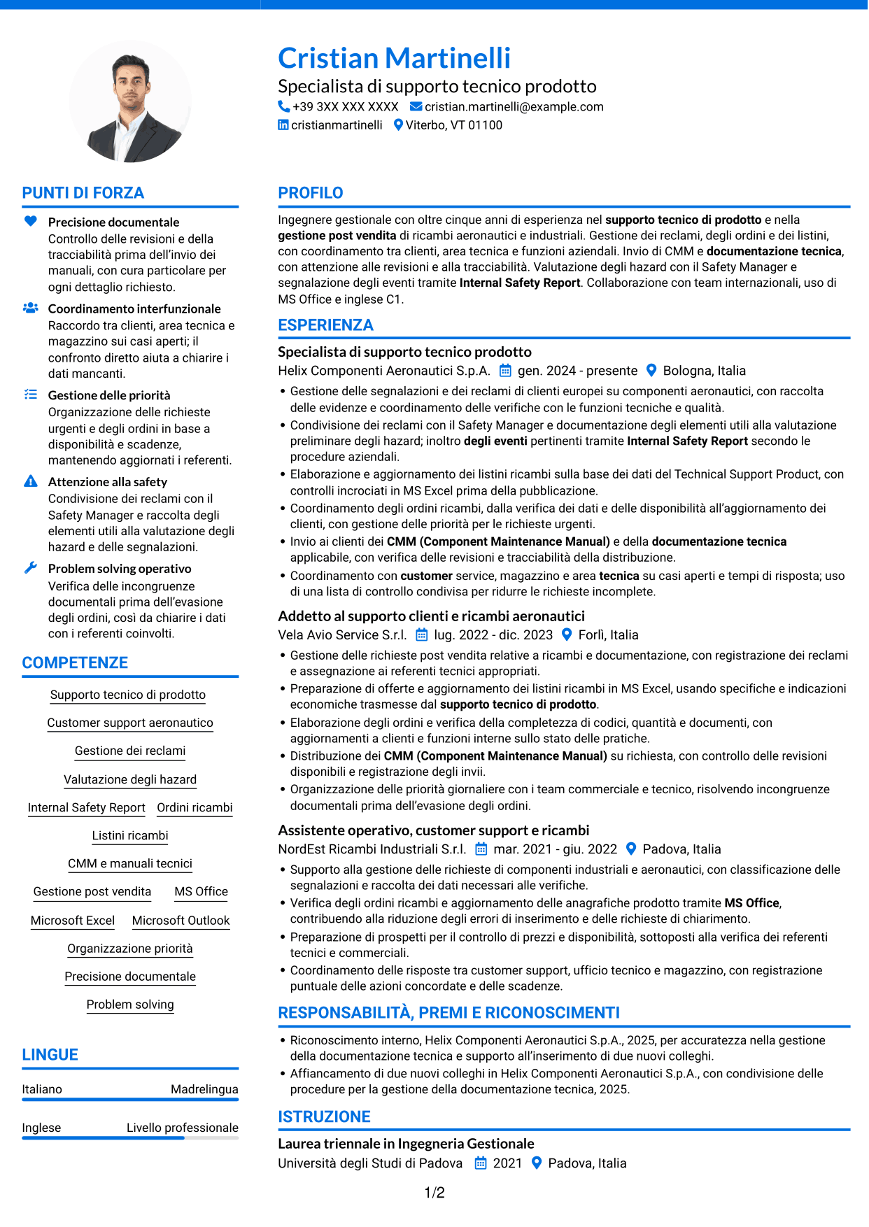 CV Audace (formato a due colonne con accenti colorati e foto): Specialista junior di supporto tecnico prodotto - Ricambi aeronautici e safety, pagina 1