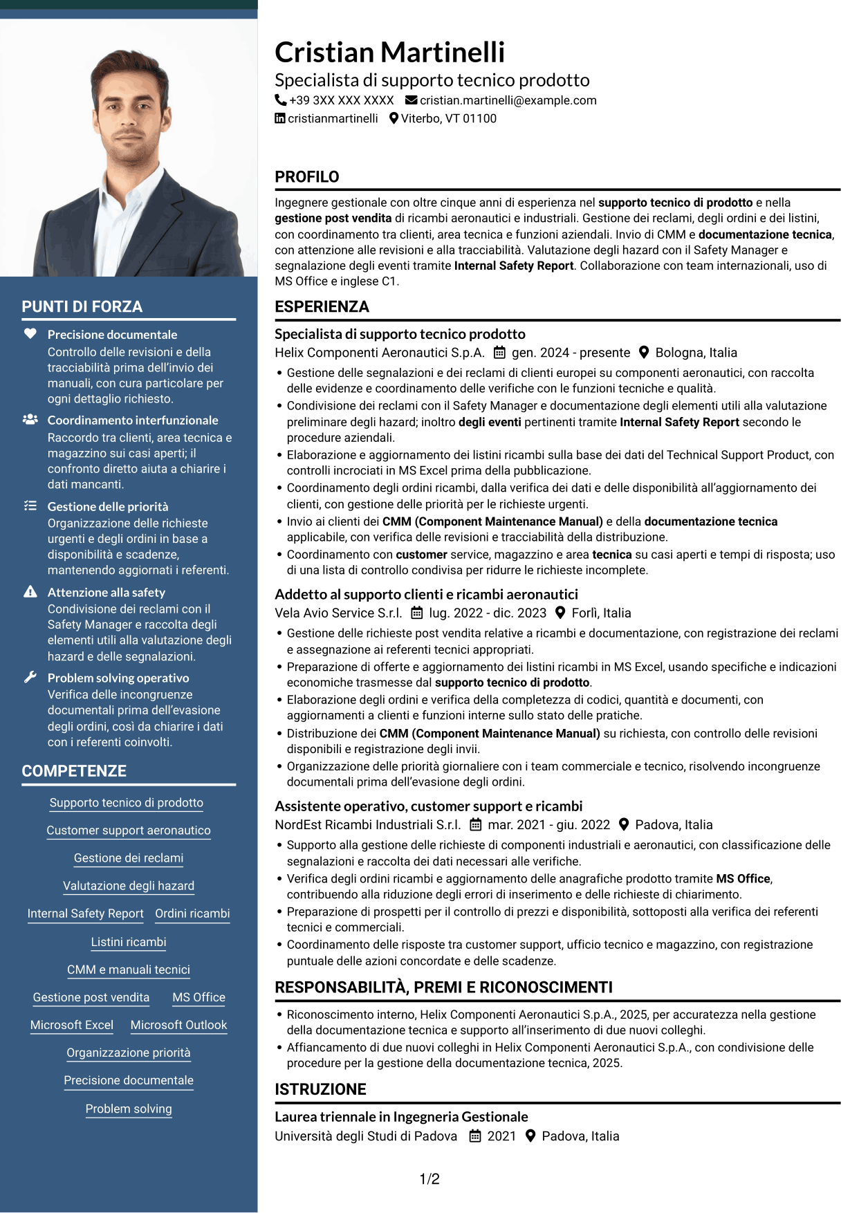CV Signature (formato con colonna laterale colorata e foto grande): Specialista junior di supporto tecnico prodotto - Ricambi aeronautici e safety, pagina 1