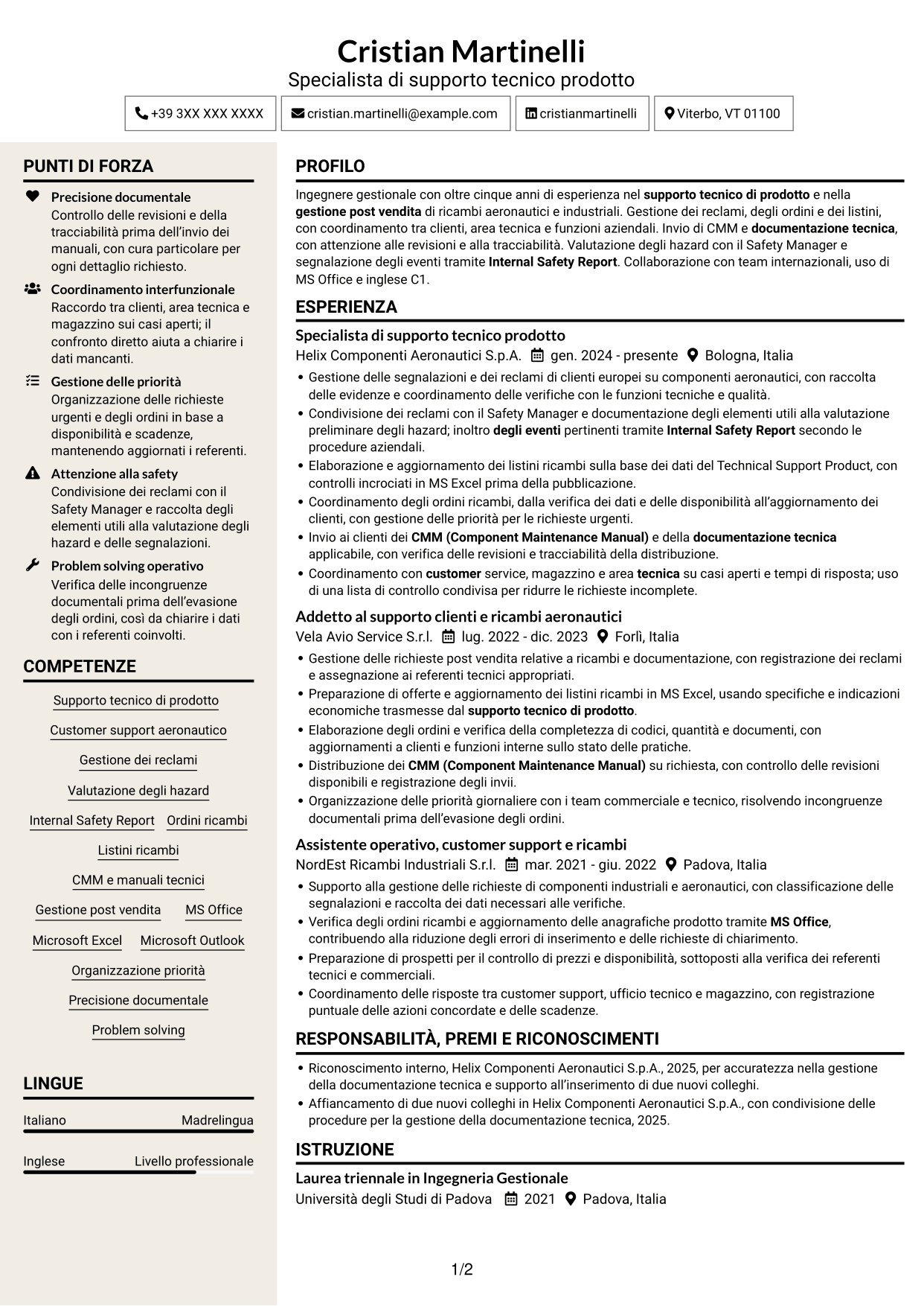 CV Intraprendente (formato a due colonne con intestazione centrata senza foto): Specialista junior di supporto tecnico prodotto - Ricambi aeronautici e safety, pagina 1