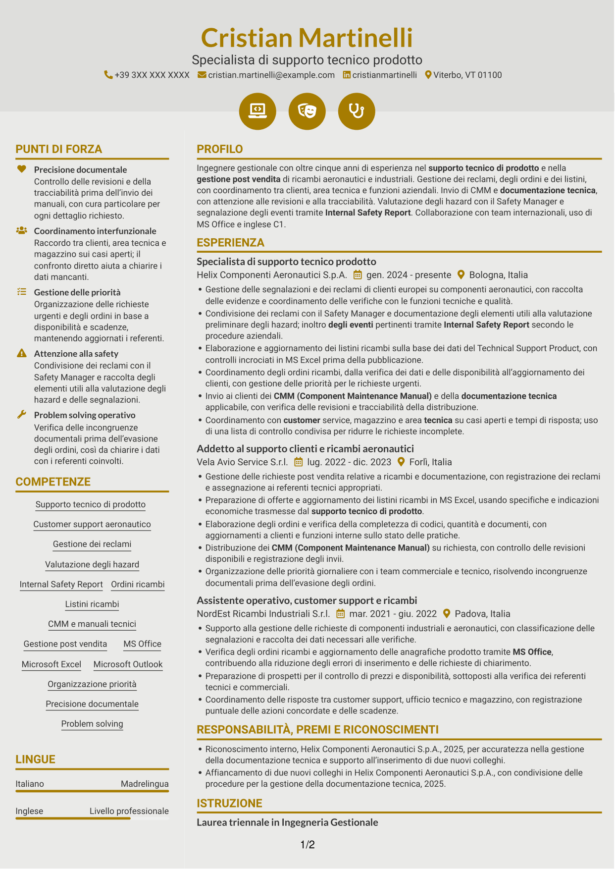 CV Dinamico (formato a due colonne con icone): Specialista junior di supporto tecnico prodotto - Ricambi aeronautici e safety, pagina 1