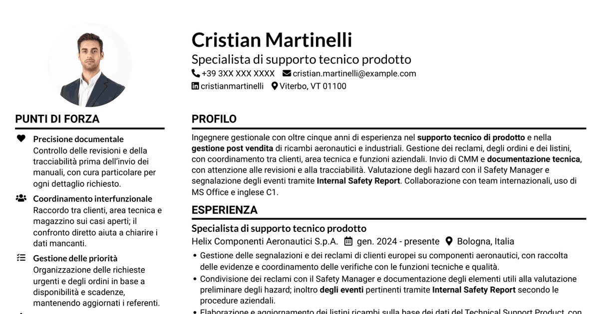 7 modelli di CV per Specialista junior di supporto tecnico prodotto - Ricambi aeronautici e safety, con esempi