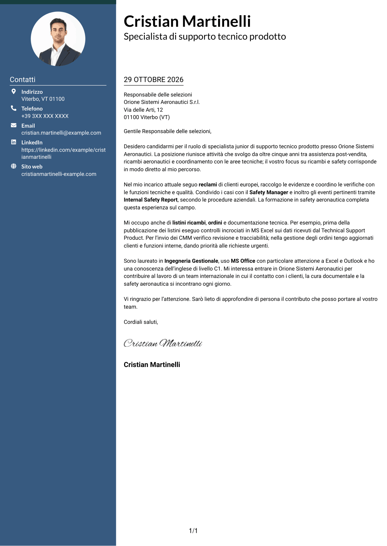 Esempio di lettera di presentazione — pagina 1