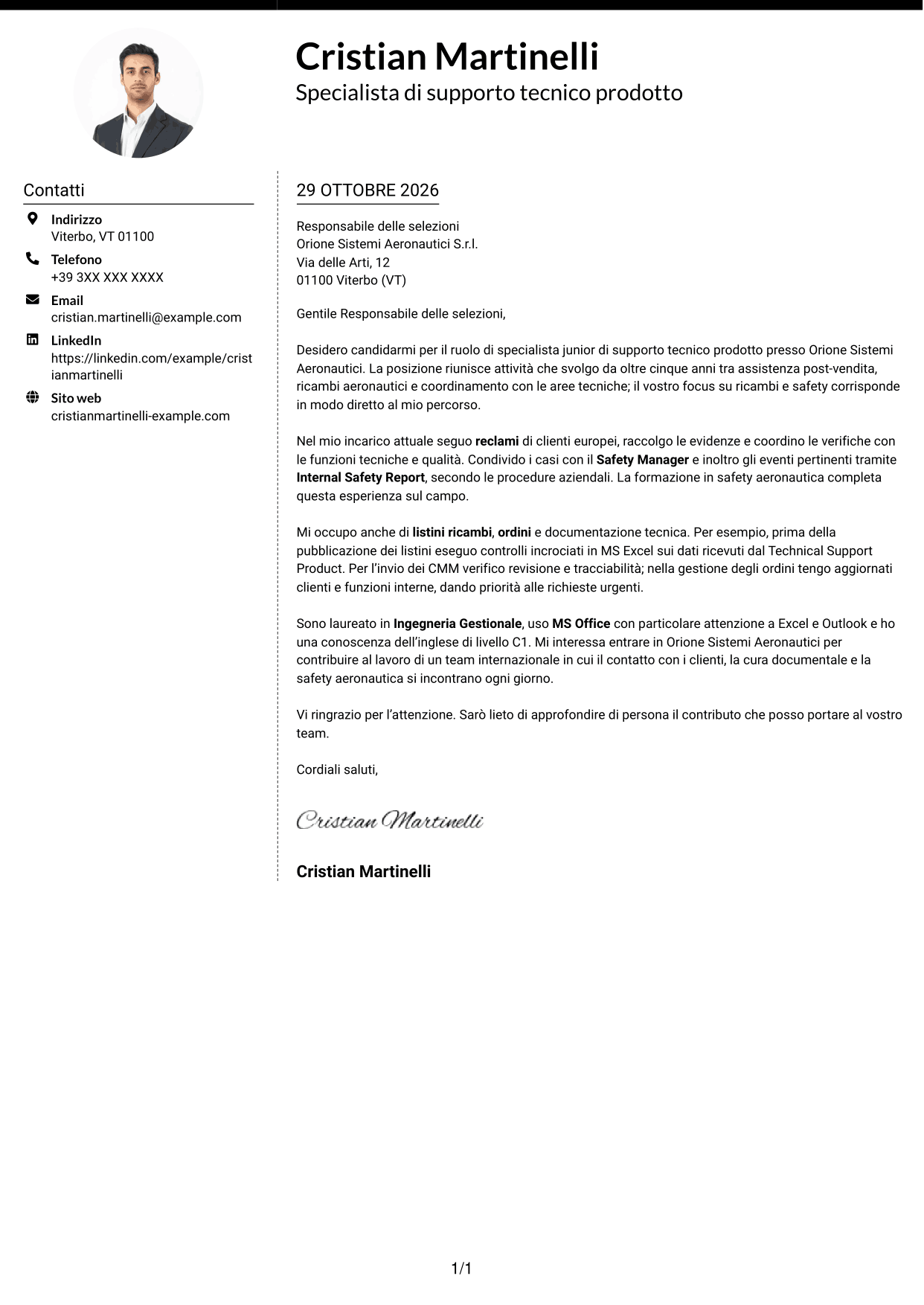 Lettera di presentazione Moderno (formato a due colonne con foto a sinistra e separatore): Specialista junior di supporto tecnico prodotto - Ricambi aeronautici e safety, pagina 1
