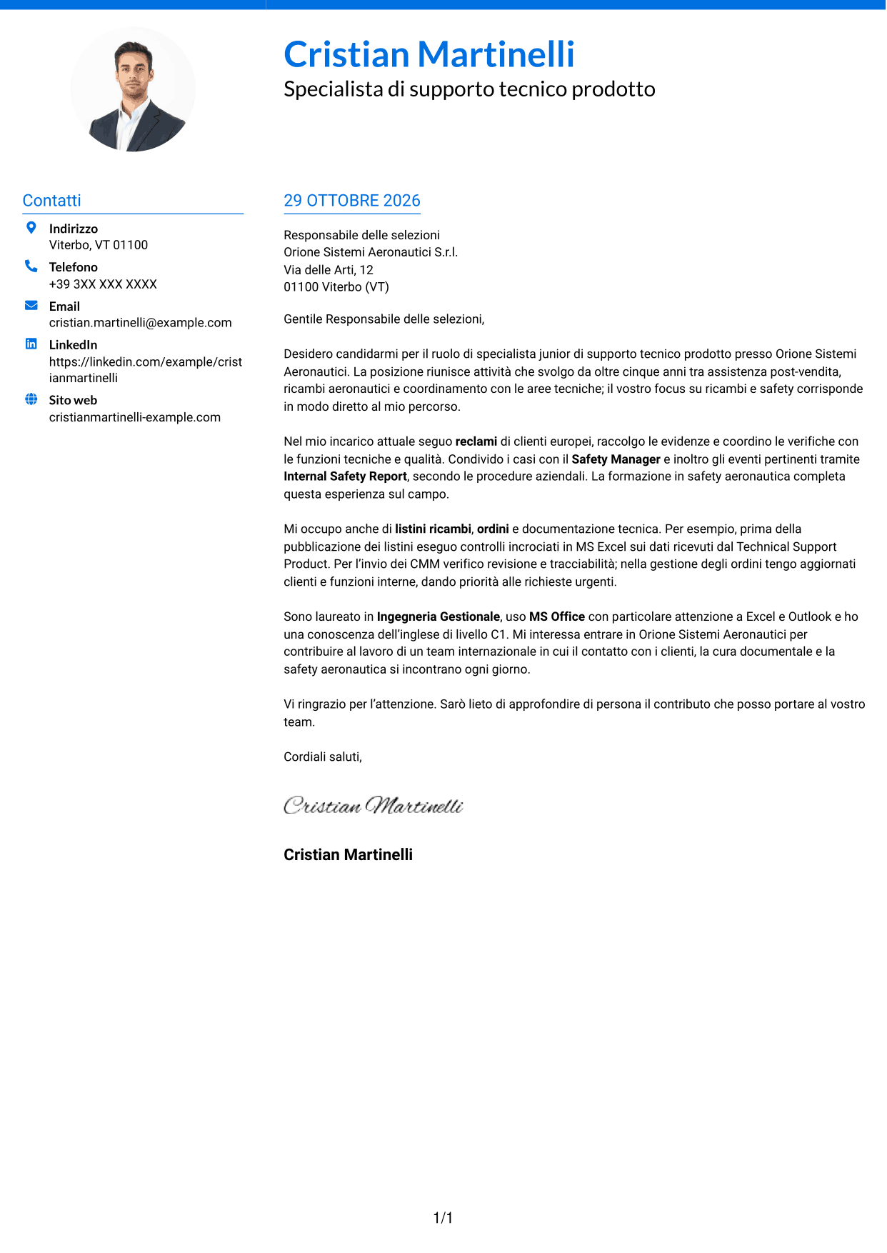 Lettera di presentazione Audace (formato a due colonne con accenti colorati e foto): Specialista junior di supporto tecnico prodotto - Ricambi aeronautici e safety, pagina 1