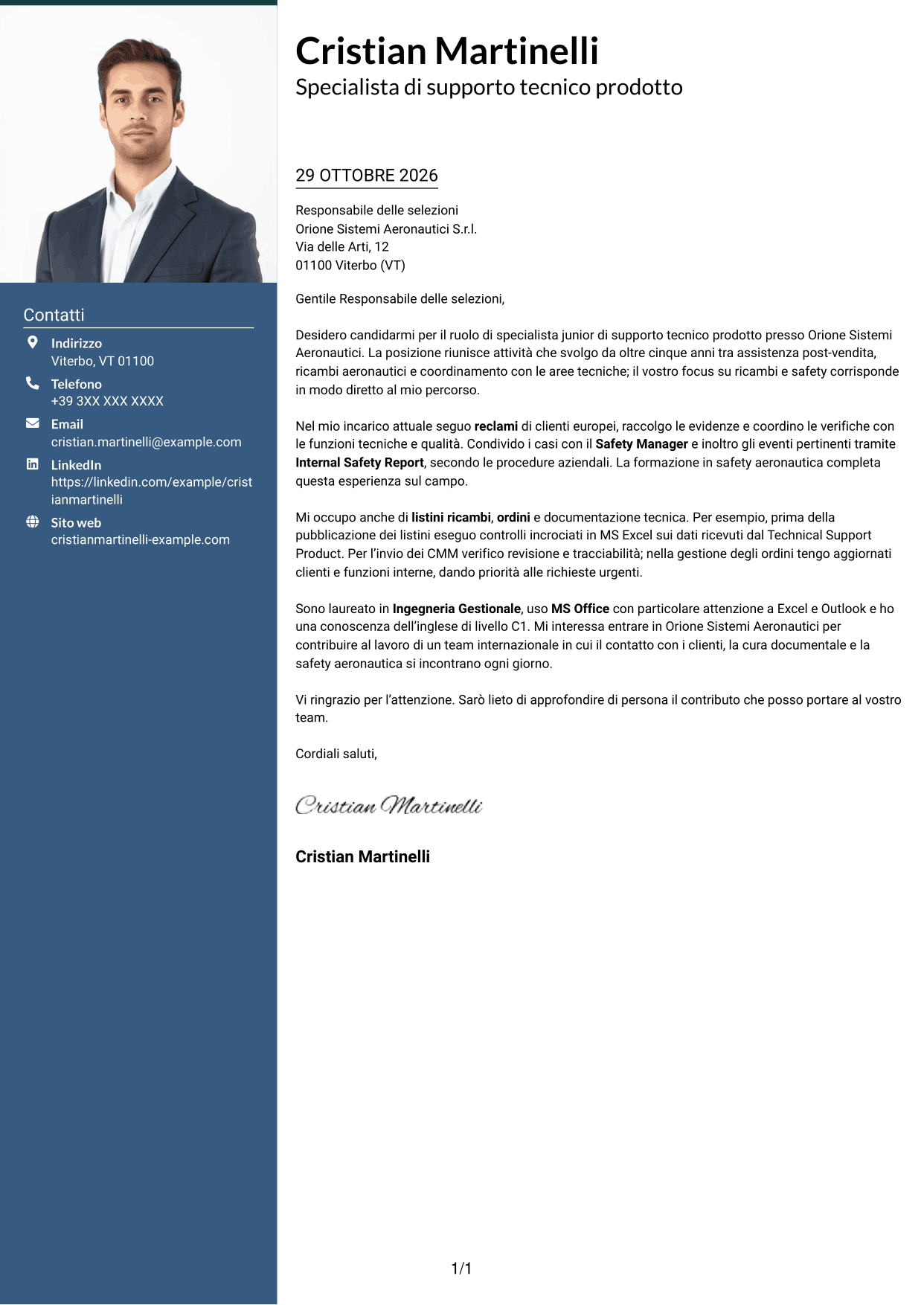 Lettera di presentazione Signature (formato con colonna laterale colorata e foto grande): Specialista junior di supporto tecnico prodotto - Ricambi aeronautici e safety, pagina 1