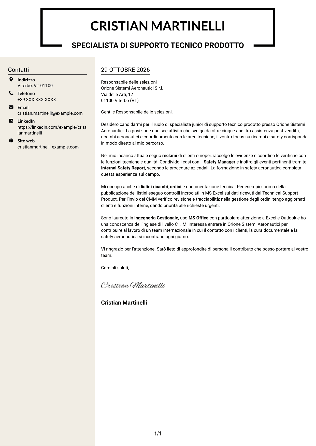 Lettera di presentazione Intraprendente (formato a due colonne con intestazione centrata senza foto): Specialista junior di supporto tecnico prodotto - Ricambi aeronautici e safety, pagina 1