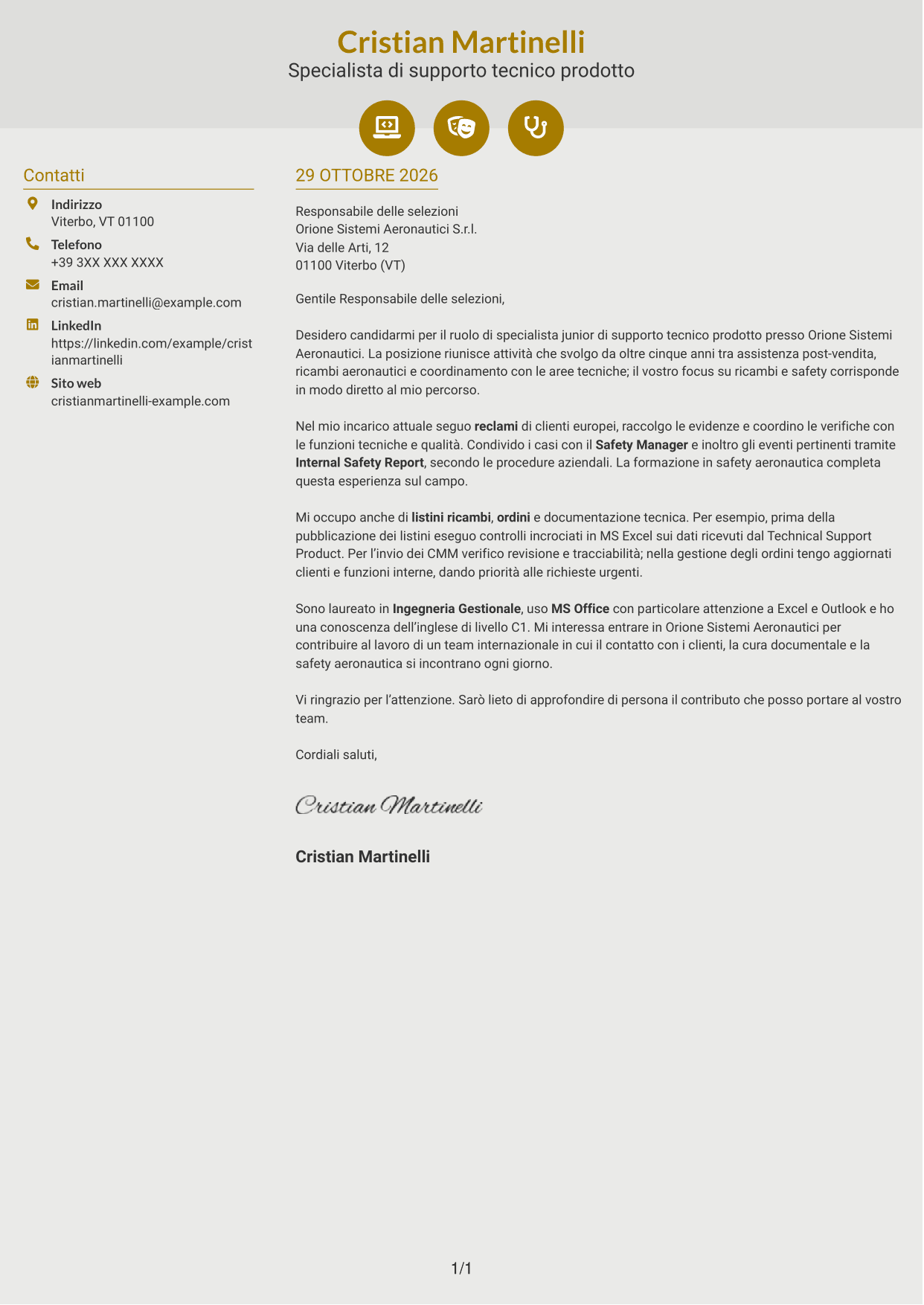 Lettera di presentazione Dinamico (formato a due colonne con icone): Specialista junior di supporto tecnico prodotto - Ricambi aeronautici e safety, pagina 1
