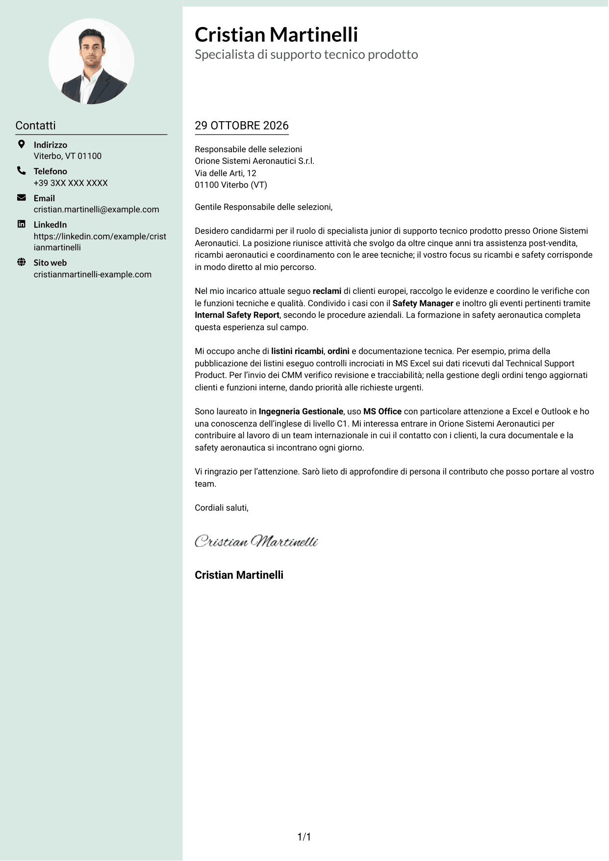Lettera di presentazione Dirigente (formato con colonna laterale tenue e foto arrotondata): Specialista junior di supporto tecnico prodotto - Ricambi aeronautici e safety, pagina 1