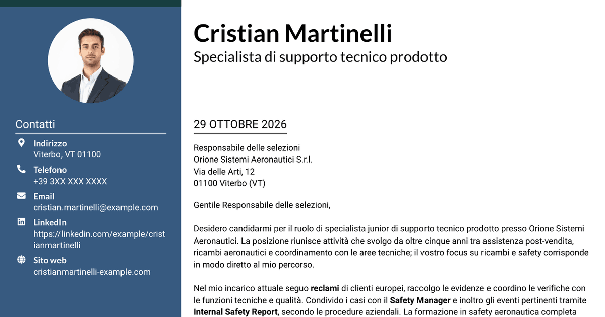 7 modelli di lettera di presentazione per Specialista junior di supporto tecnico prodotto - Ricambi aeronautici e safety, con esempi