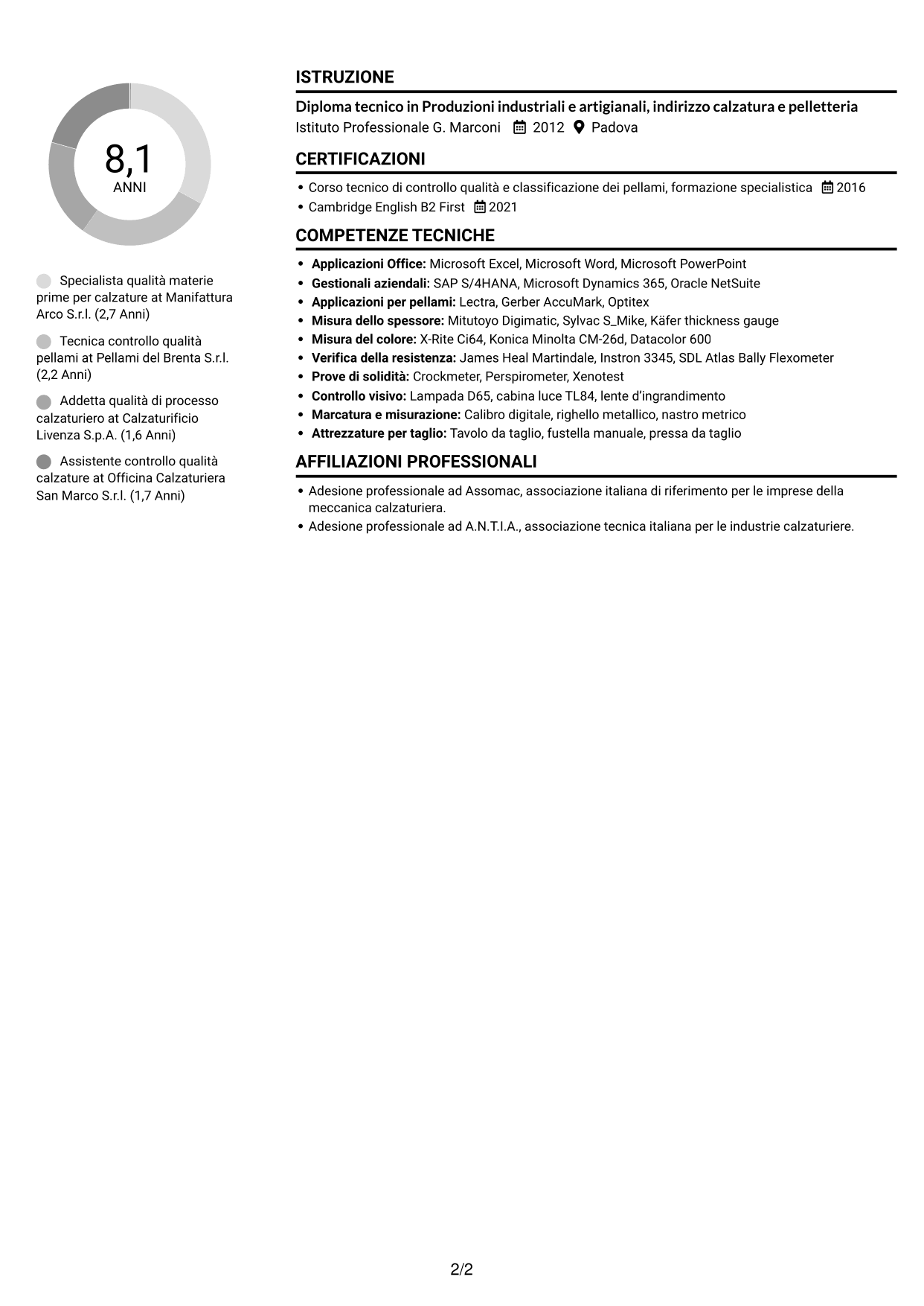 CV Compatto (formato sobrio a due colonne con foto): Specialista qualità materie prime per calzature, pagina 2