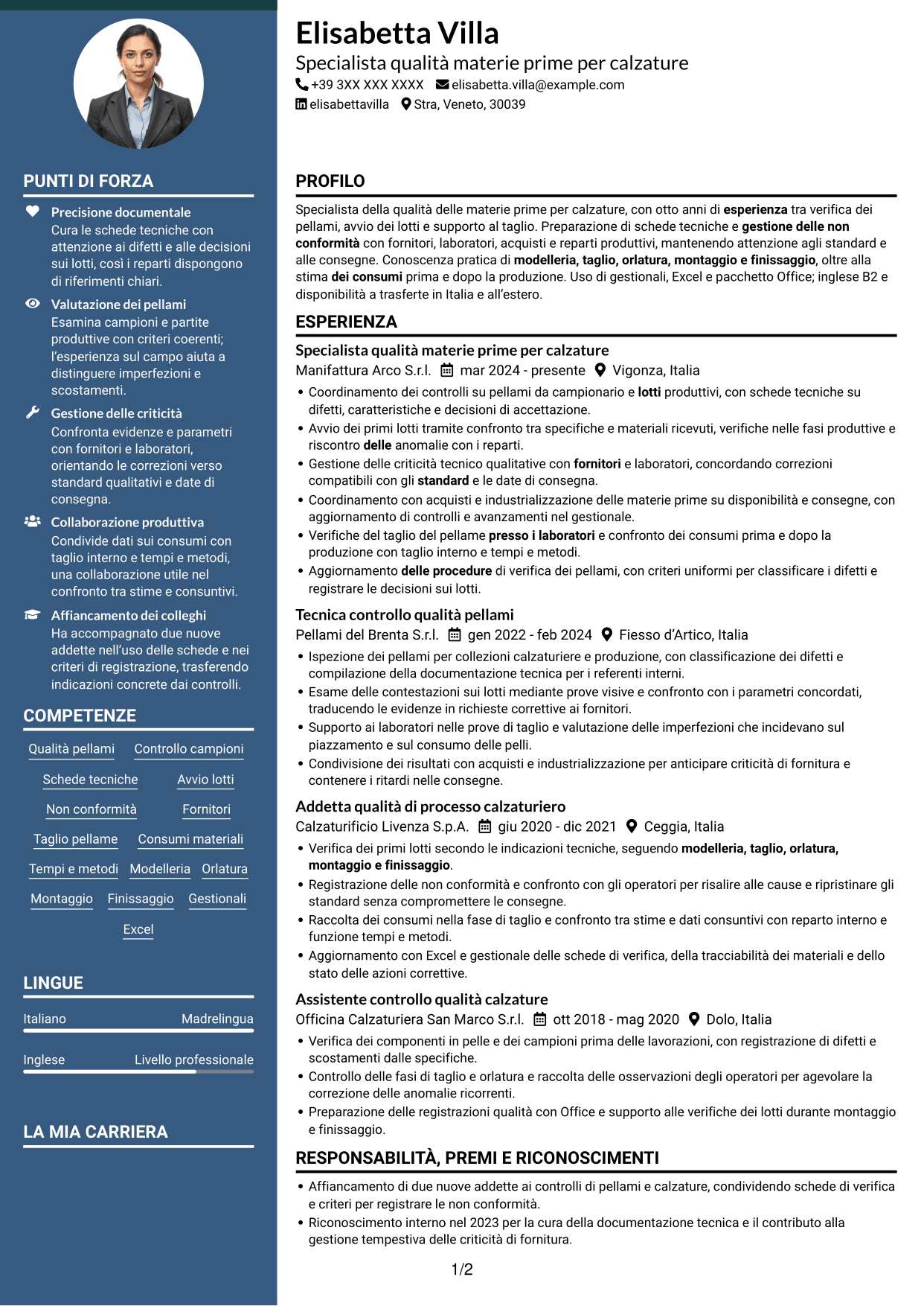 CV Elegante (formato con colonna laterale colorata e foto): Specialista qualità materie prime per calzature, pagina 1