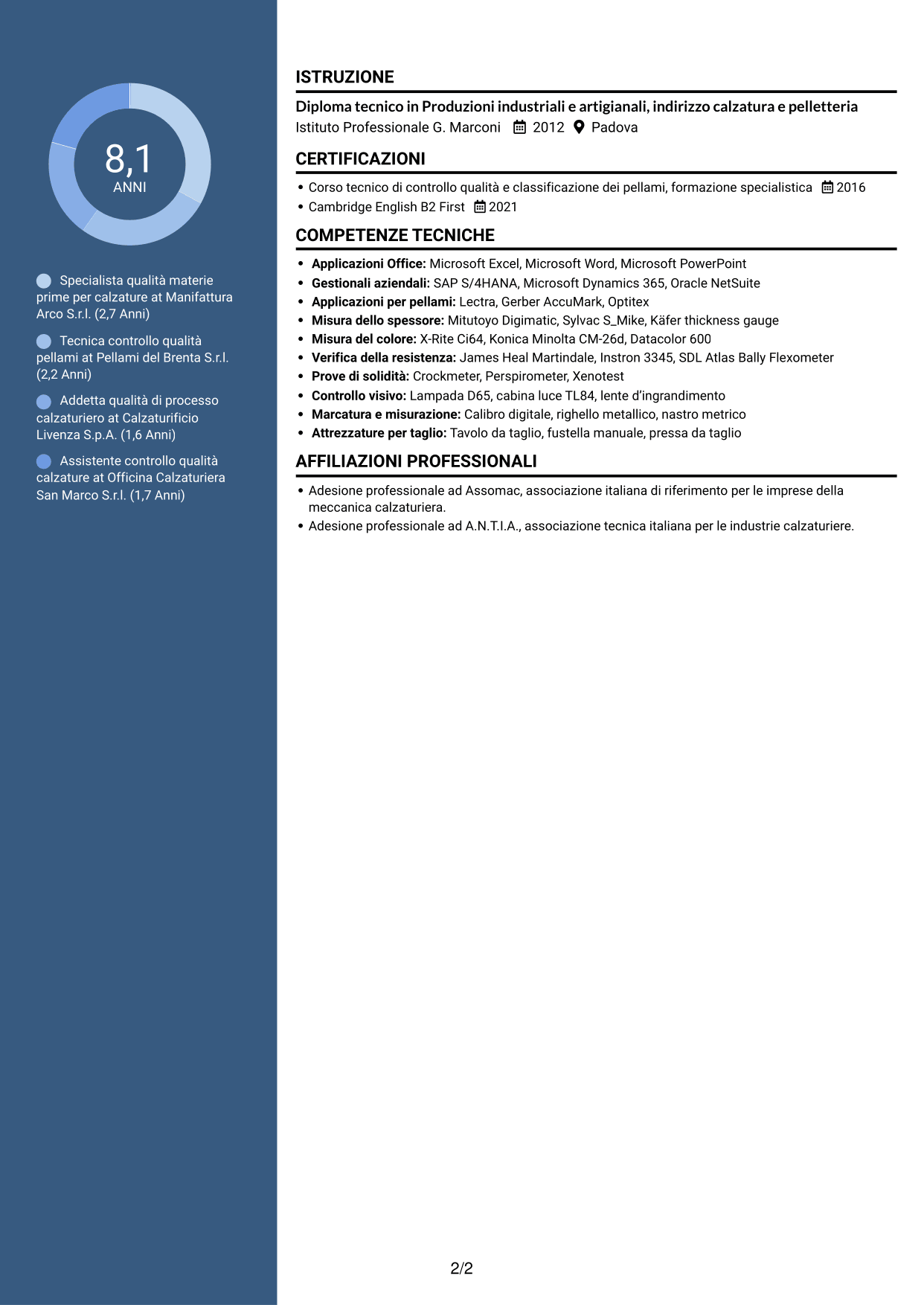 CV Elegante (formato con colonna laterale colorata e foto): Specialista qualità materie prime per calzature, pagina 2