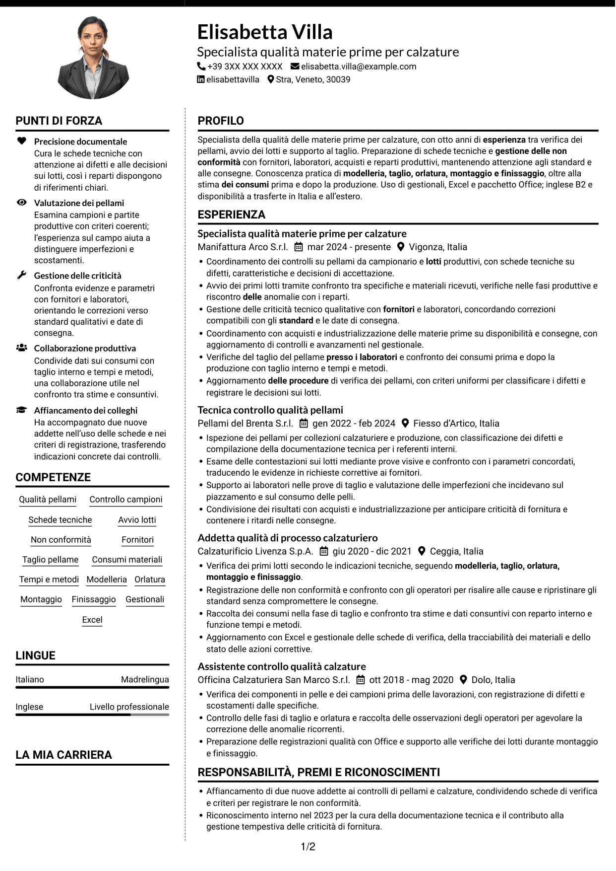 CV Moderno (formato a due colonne con foto a sinistra e separatore): Specialista qualità materie prime per calzature, pagina 1