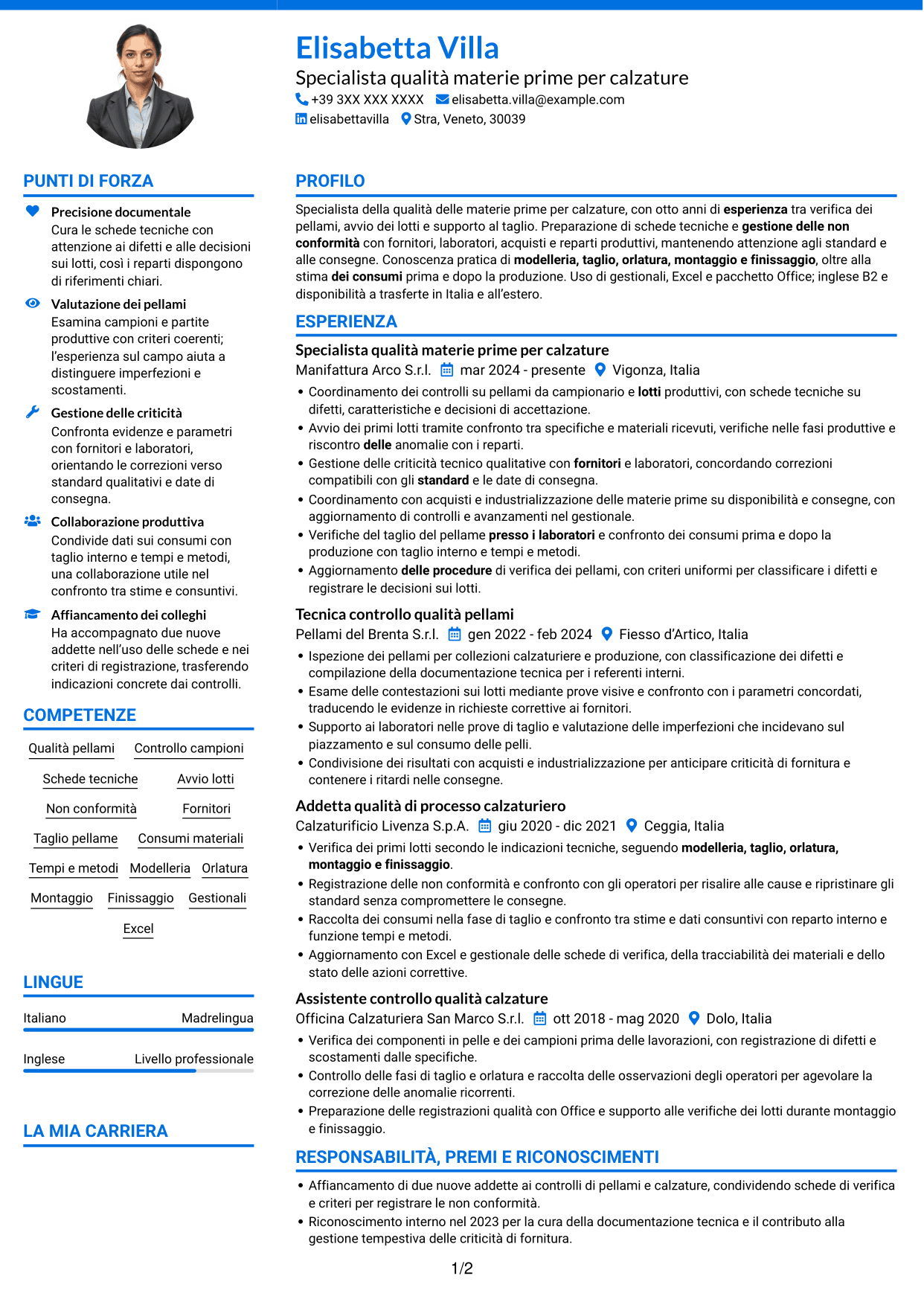 CV Audace (formato a due colonne con accenti colorati e foto): Specialista qualità materie prime per calzature, pagina 1