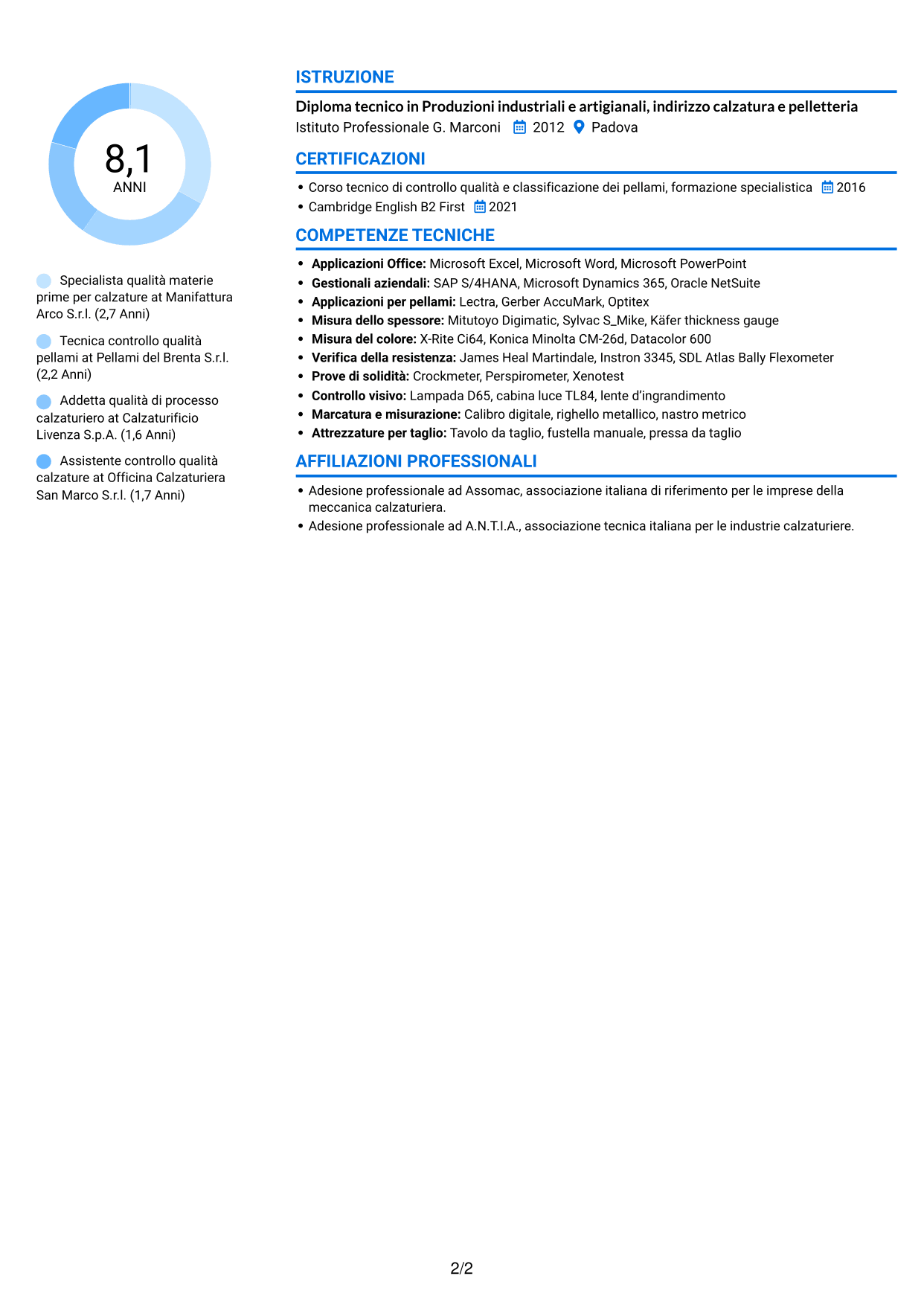 CV Audace (formato a due colonne con accenti colorati e foto): Specialista qualità materie prime per calzature, pagina 2