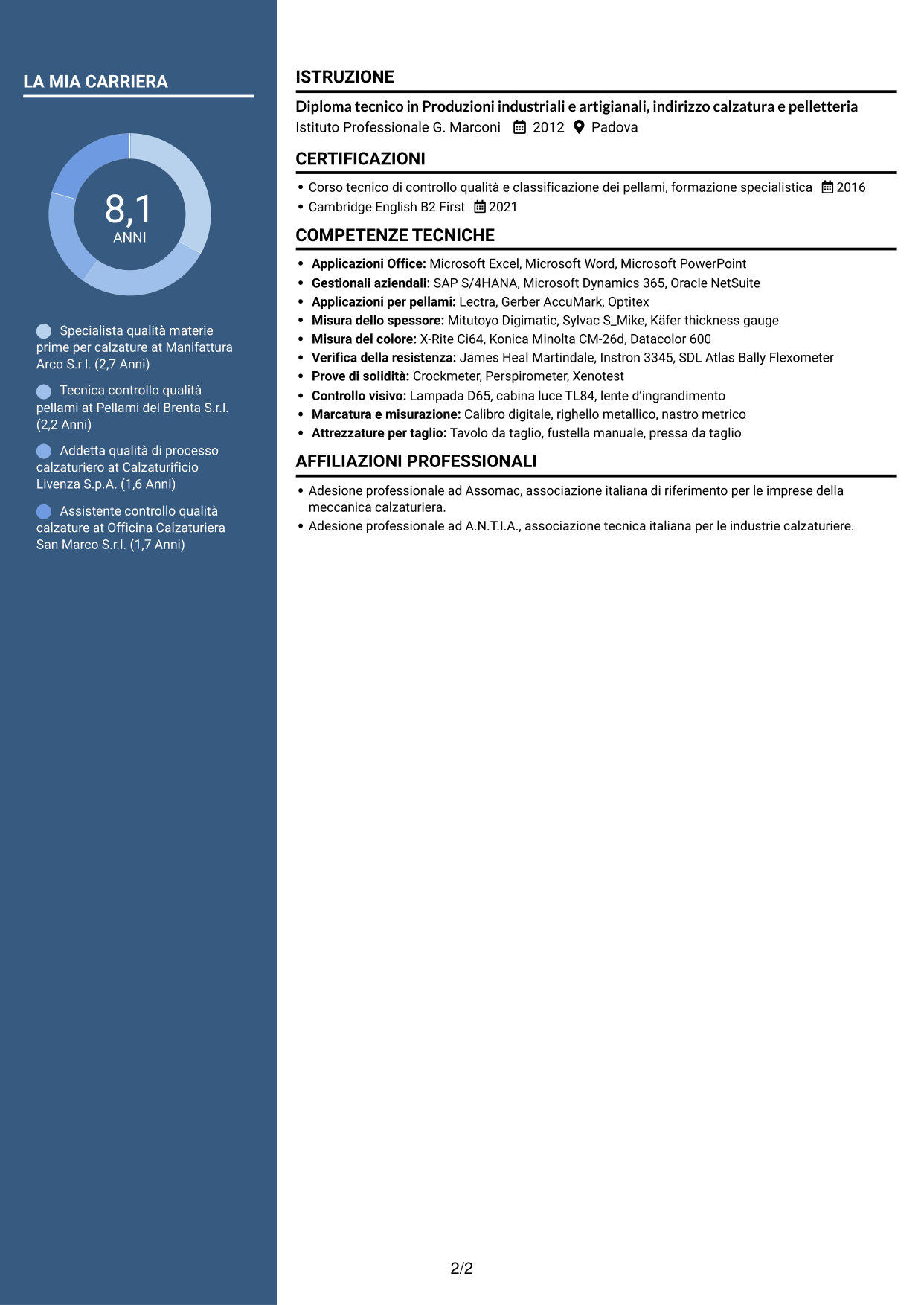 CV Signature (formato con colonna laterale colorata e foto grande): Specialista qualità materie prime per calzature, pagina 2