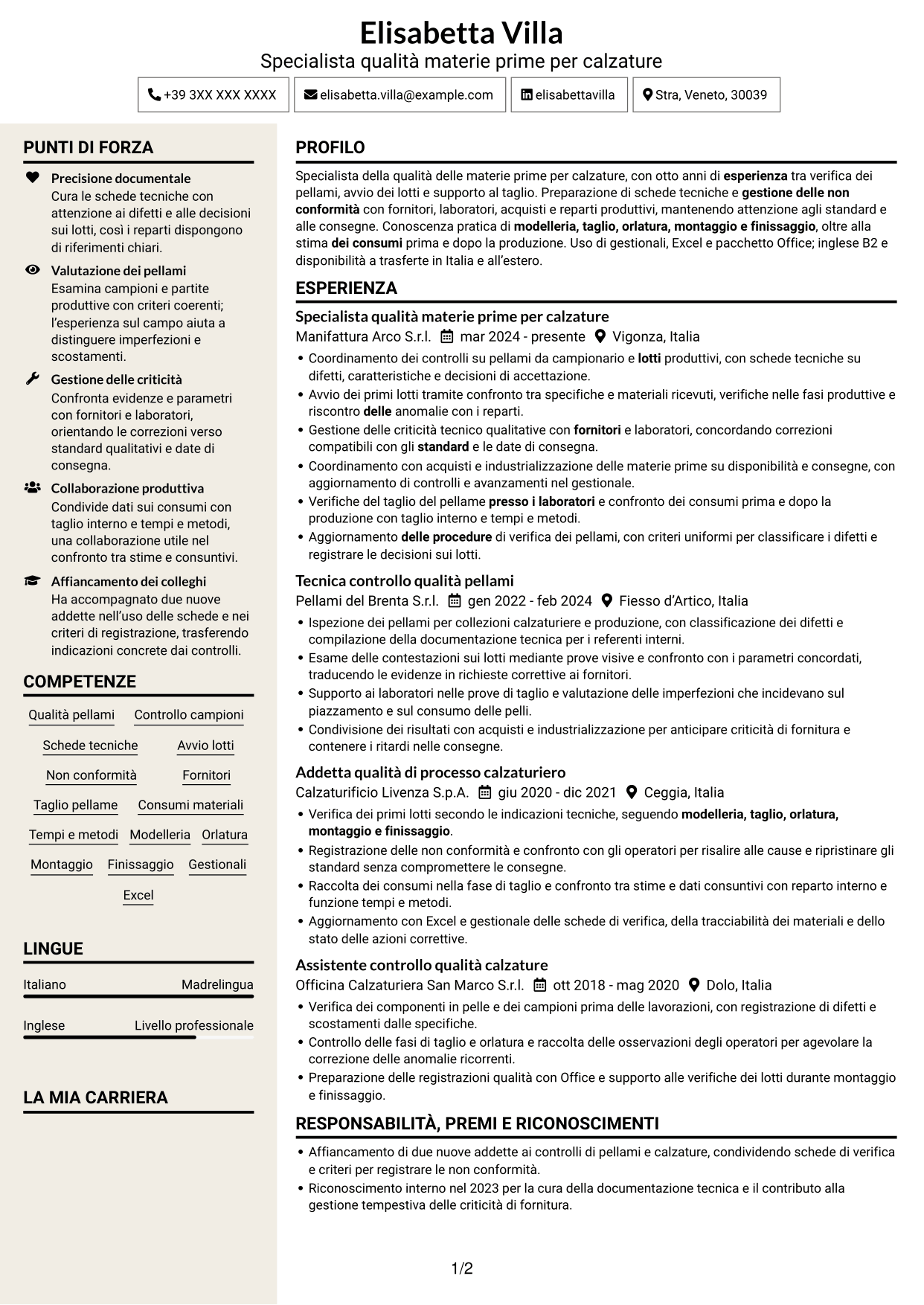 CV Intraprendente (formato a due colonne con intestazione centrata senza foto): Specialista qualità materie prime per calzature, pagina 1