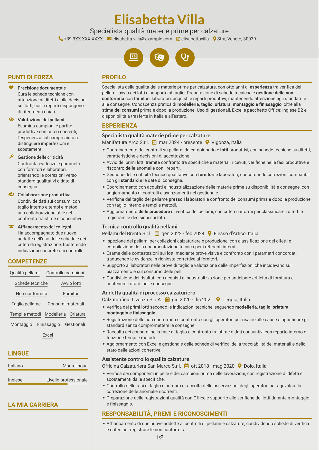 CV Dinamico (formato a due colonne con icone): Specialista qualità materie prime per calzature, pagina 1