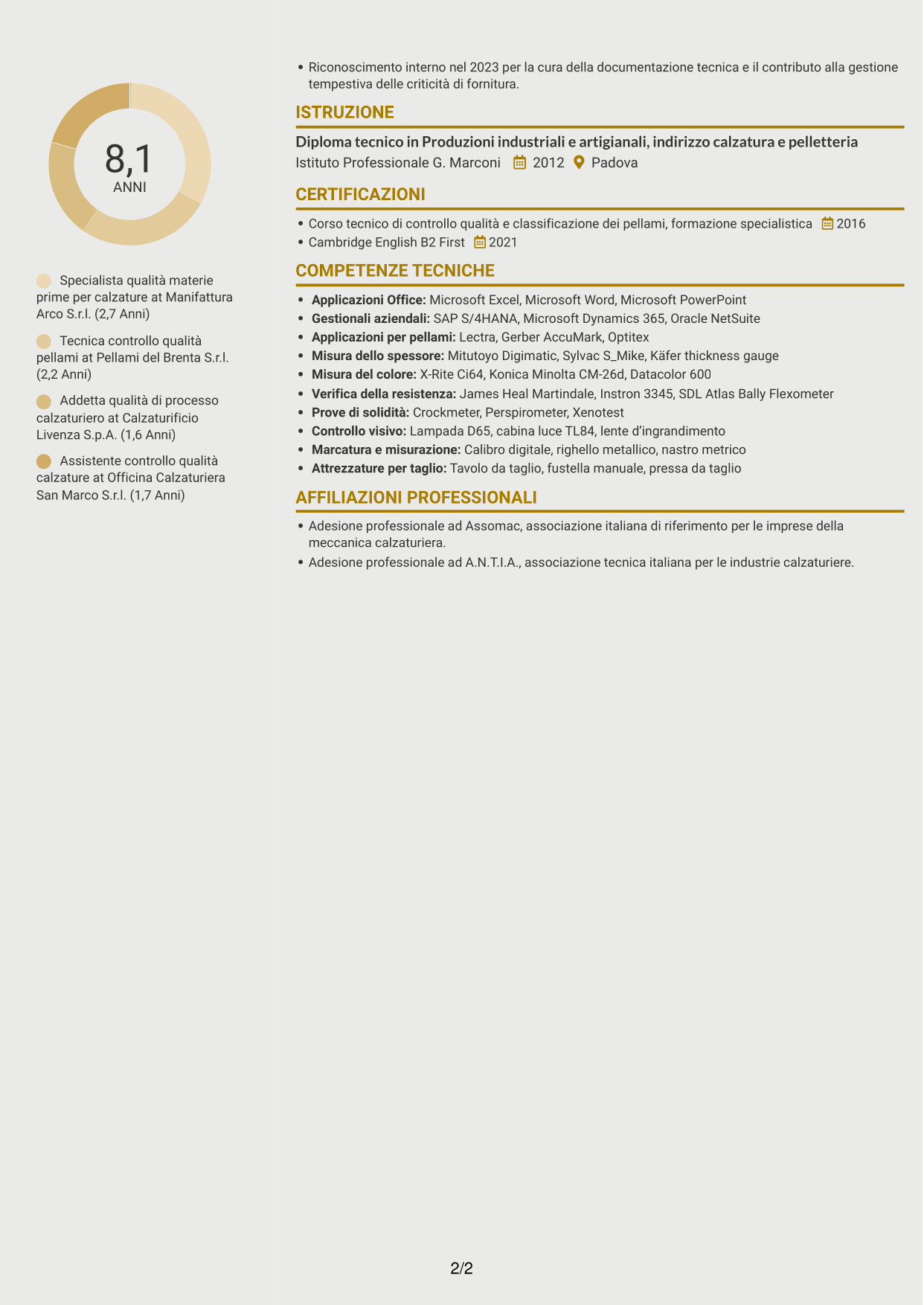 CV Dinamico (formato a due colonne con icone): Specialista qualità materie prime per calzature, pagina 2