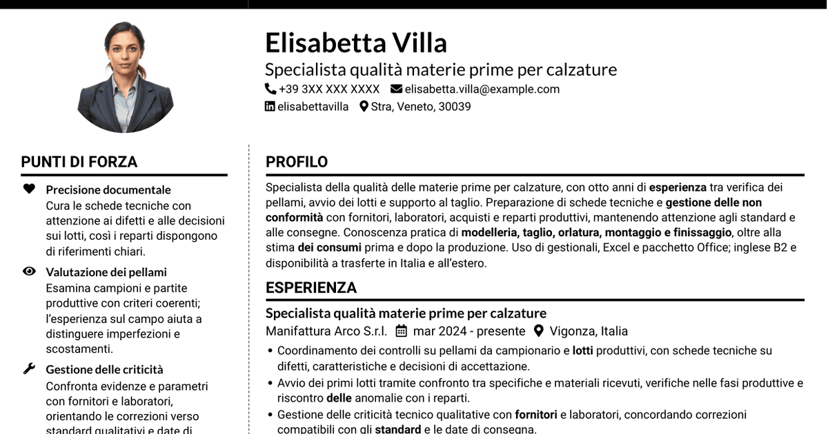 7 modelli di CV per Specialista qualità materie prime per calzature, con esempi