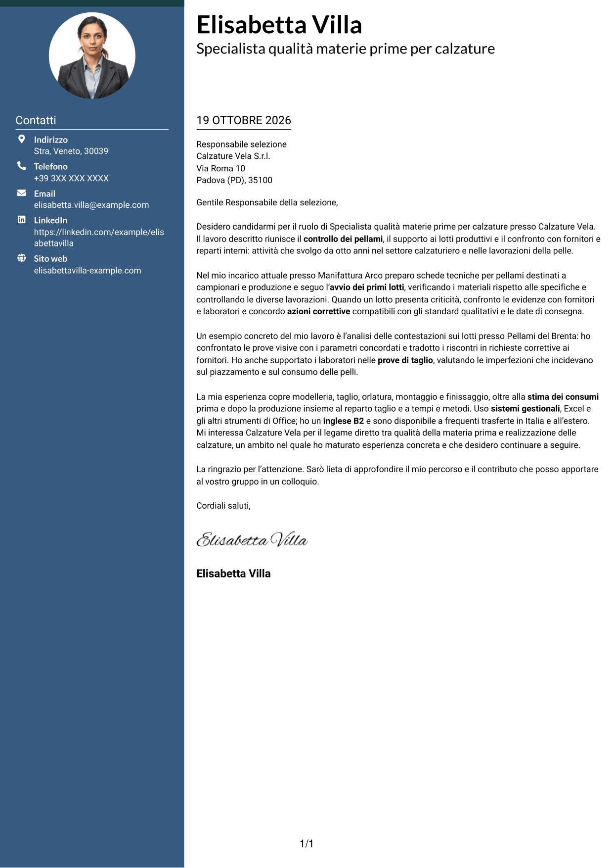 Lettera di presentazione Elegante (formato con colonna laterale colorata e foto): Specialista qualità materie prime per calzature, pagina 1