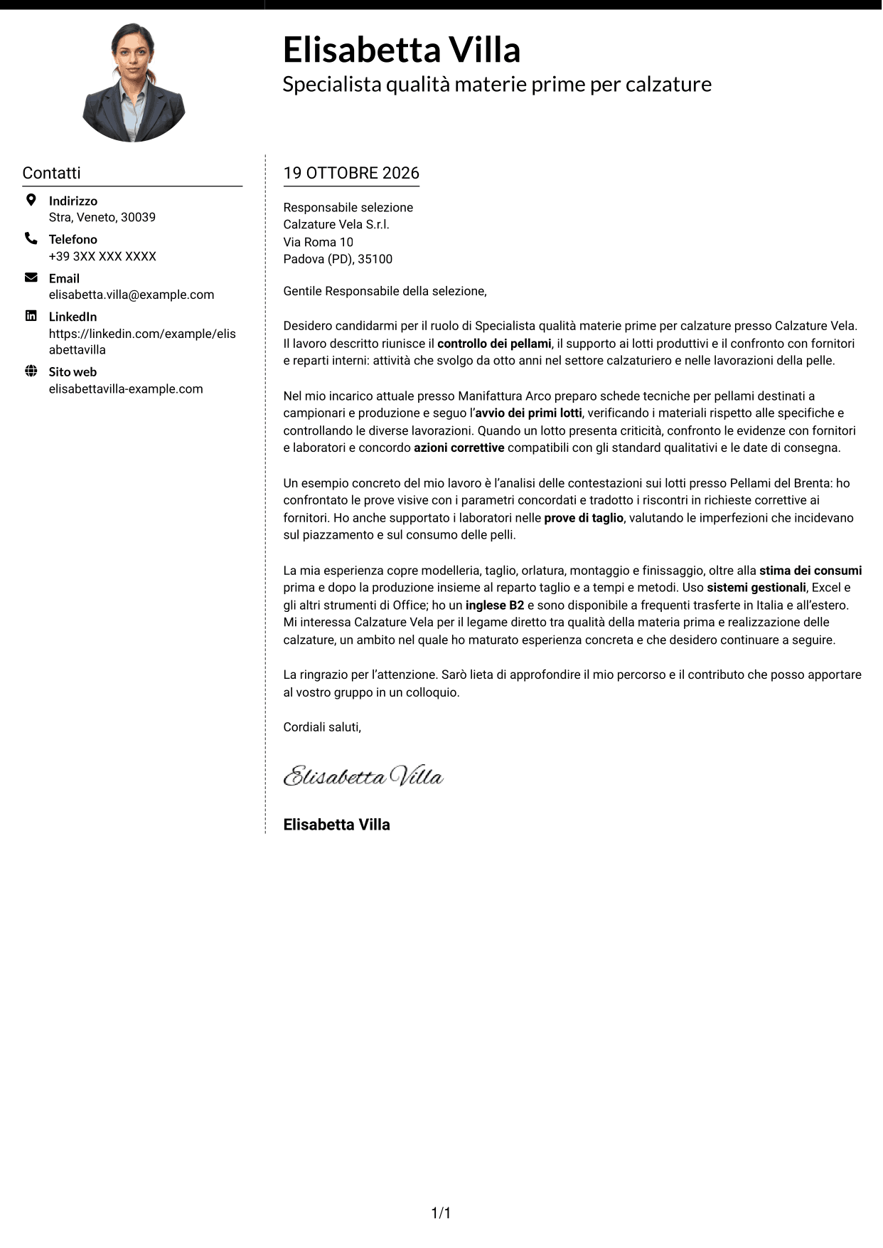 Lettera di presentazione Moderno (formato a due colonne con foto a sinistra e separatore): Specialista qualità materie prime per calzature, pagina 1