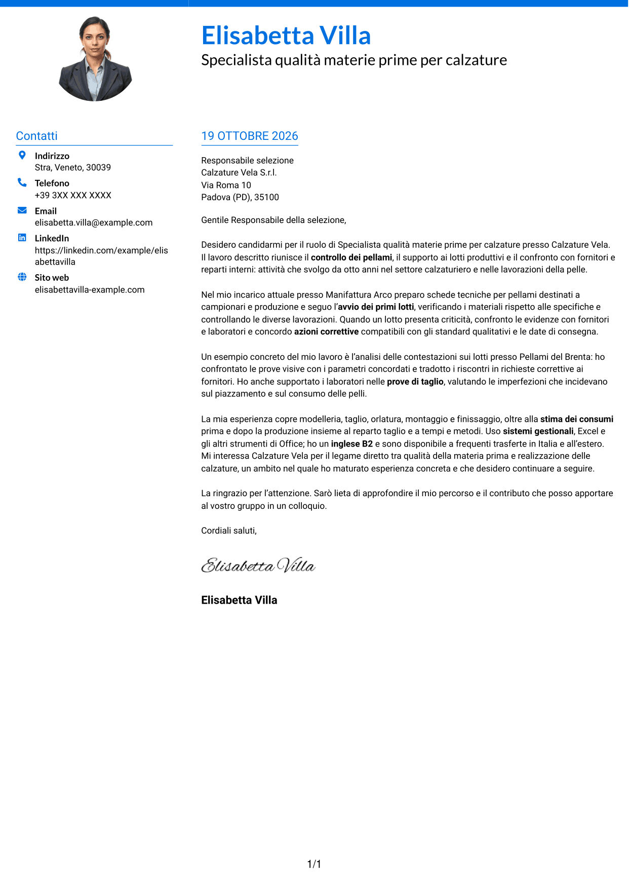 Lettera di presentazione Audace (formato a due colonne con accenti colorati e foto): Specialista qualità materie prime per calzature, pagina 1