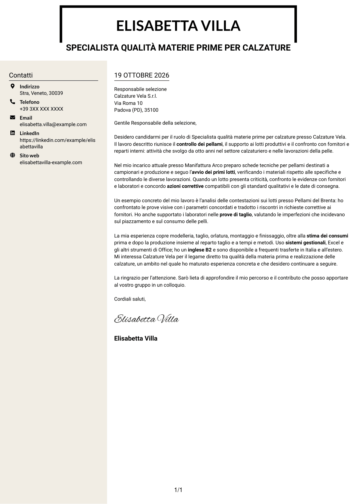 Lettera di presentazione Intraprendente (formato a due colonne con intestazione centrata senza foto): Specialista qualità materie prime per calzature, pagina 1