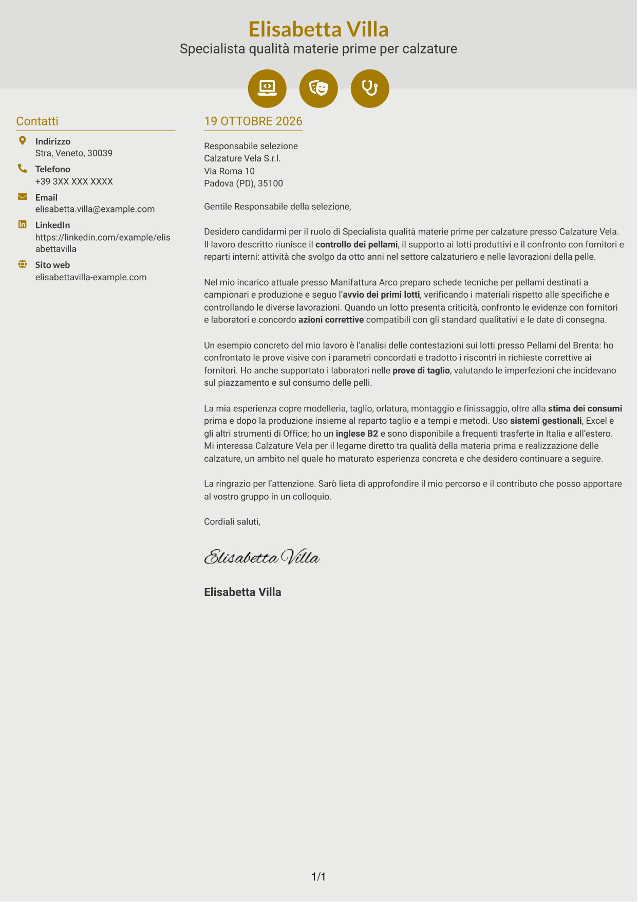Lettera di presentazione Dinamico (formato a due colonne con icone): Specialista qualità materie prime per calzature, pagina 1