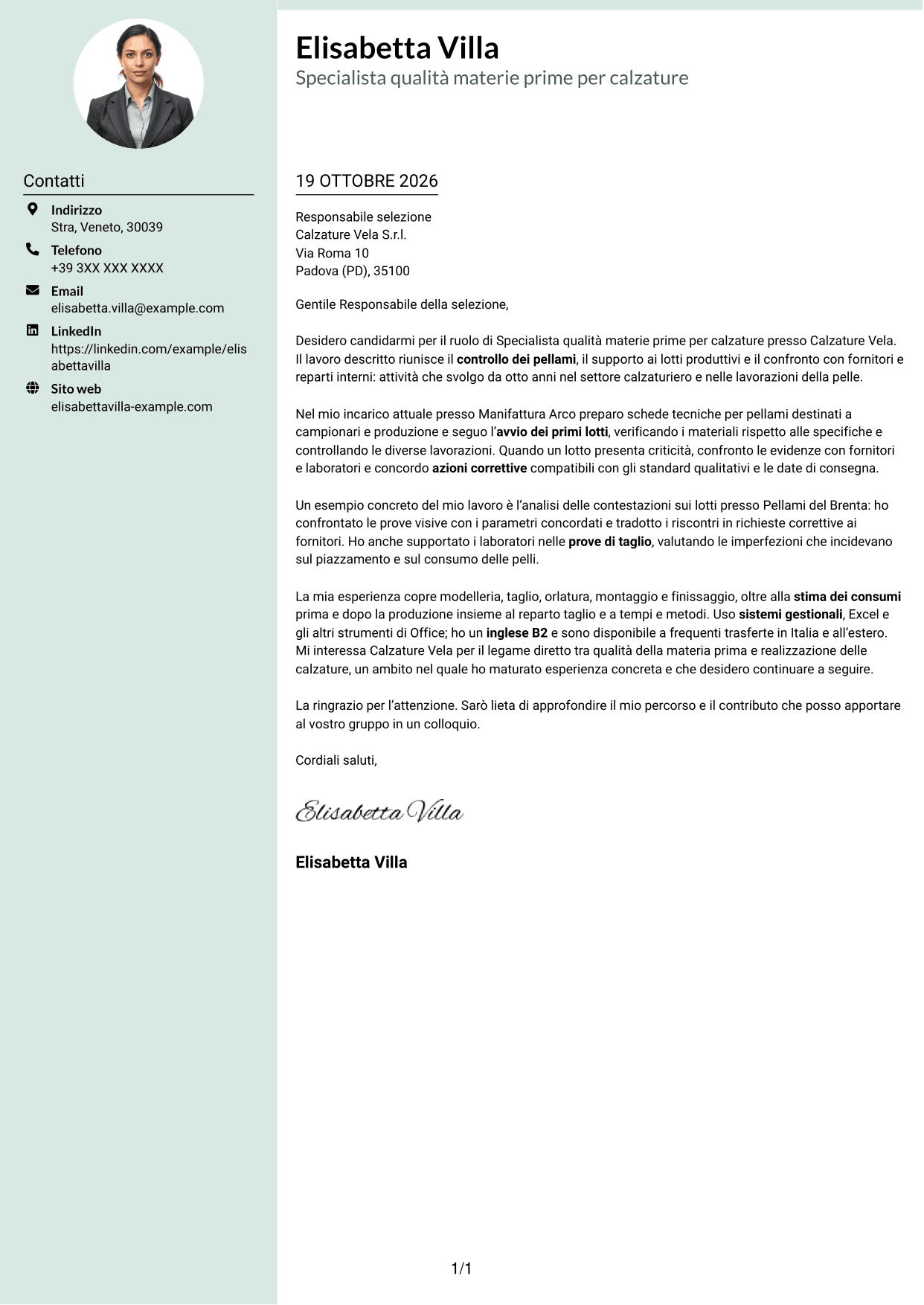 Lettera di presentazione Dirigente (formato con colonna laterale tenue e foto arrotondata): Specialista qualità materie prime per calzature, pagina 1