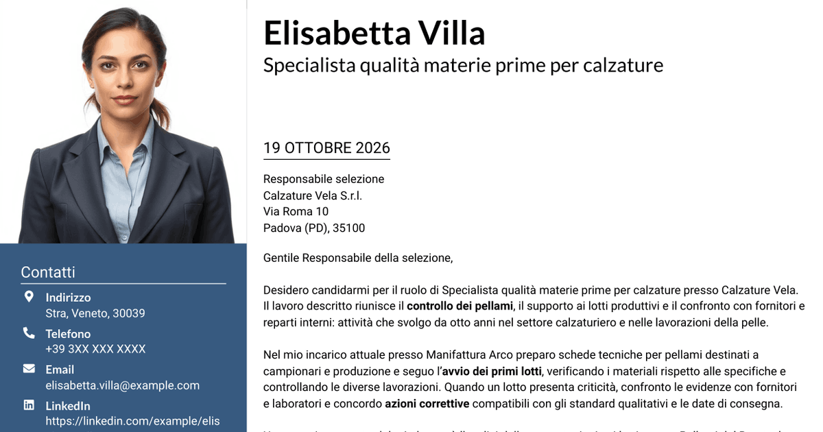 7 modelli di lettera di presentazione per Specialista qualità materie prime per calzature, con esempi