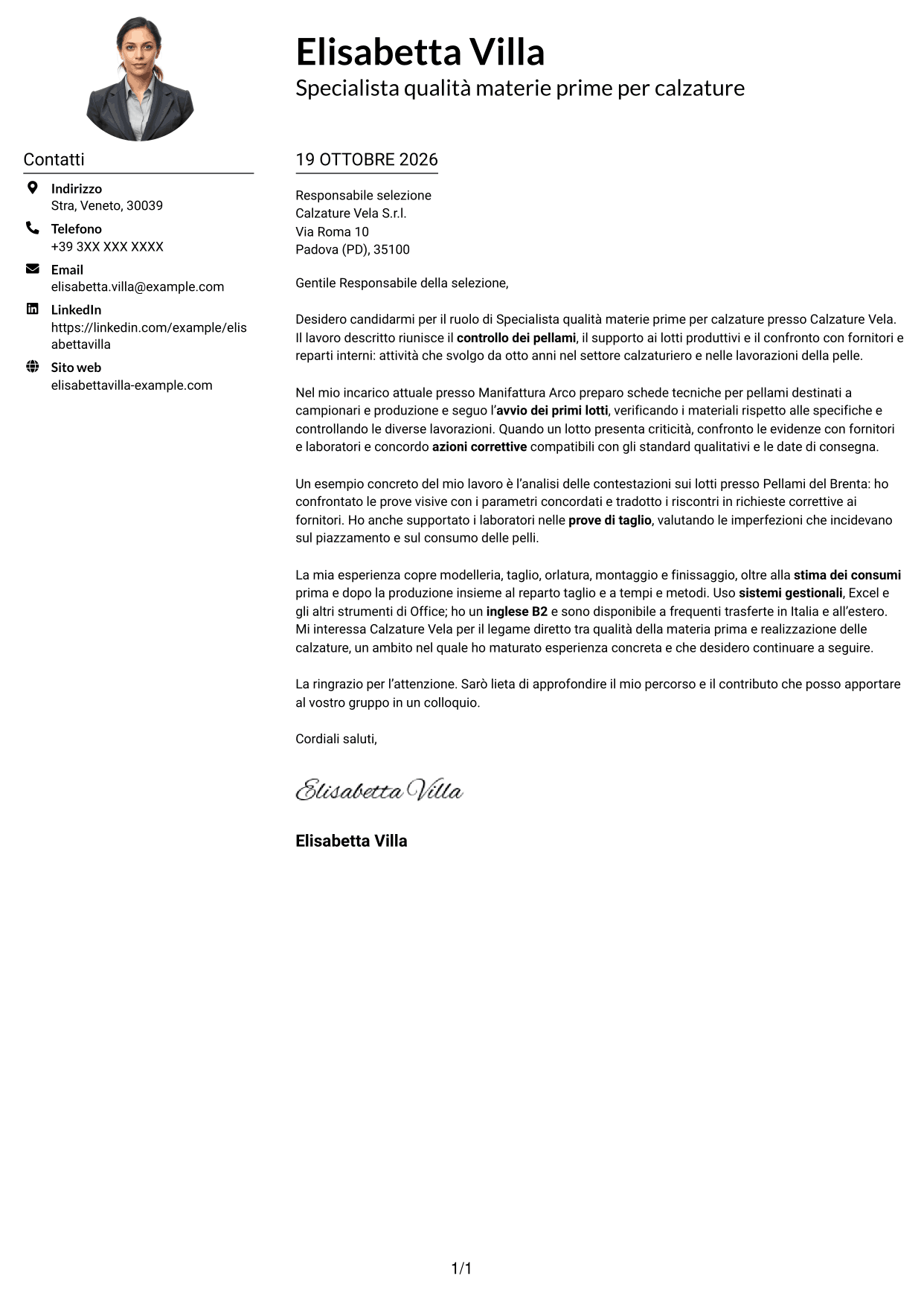 Esempio di lettera di presentazione — pagina 1