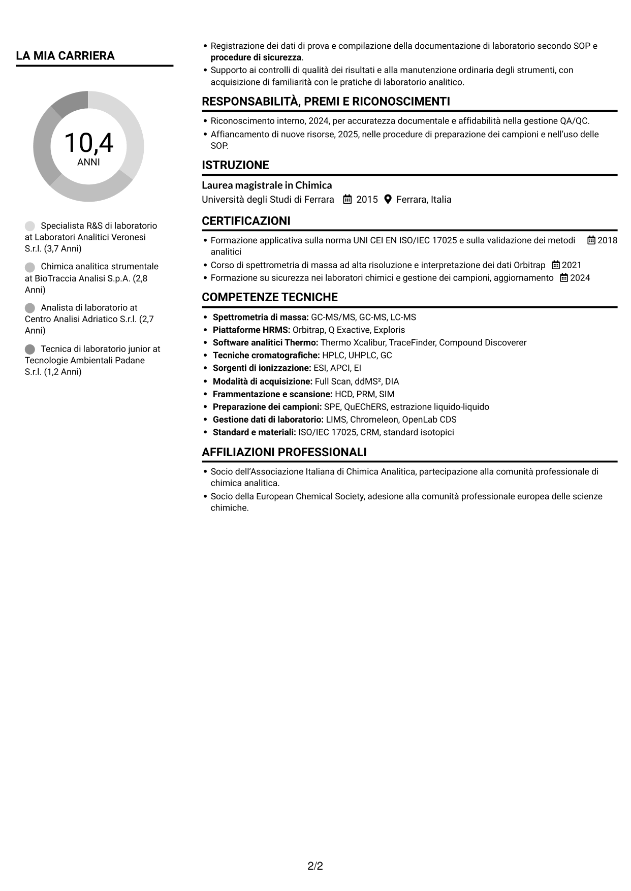 CV Compatto (formato sobrio a due colonne con foto): Specialista R&S di laboratorio - Spettrometria di massa HRMS, pagina 2