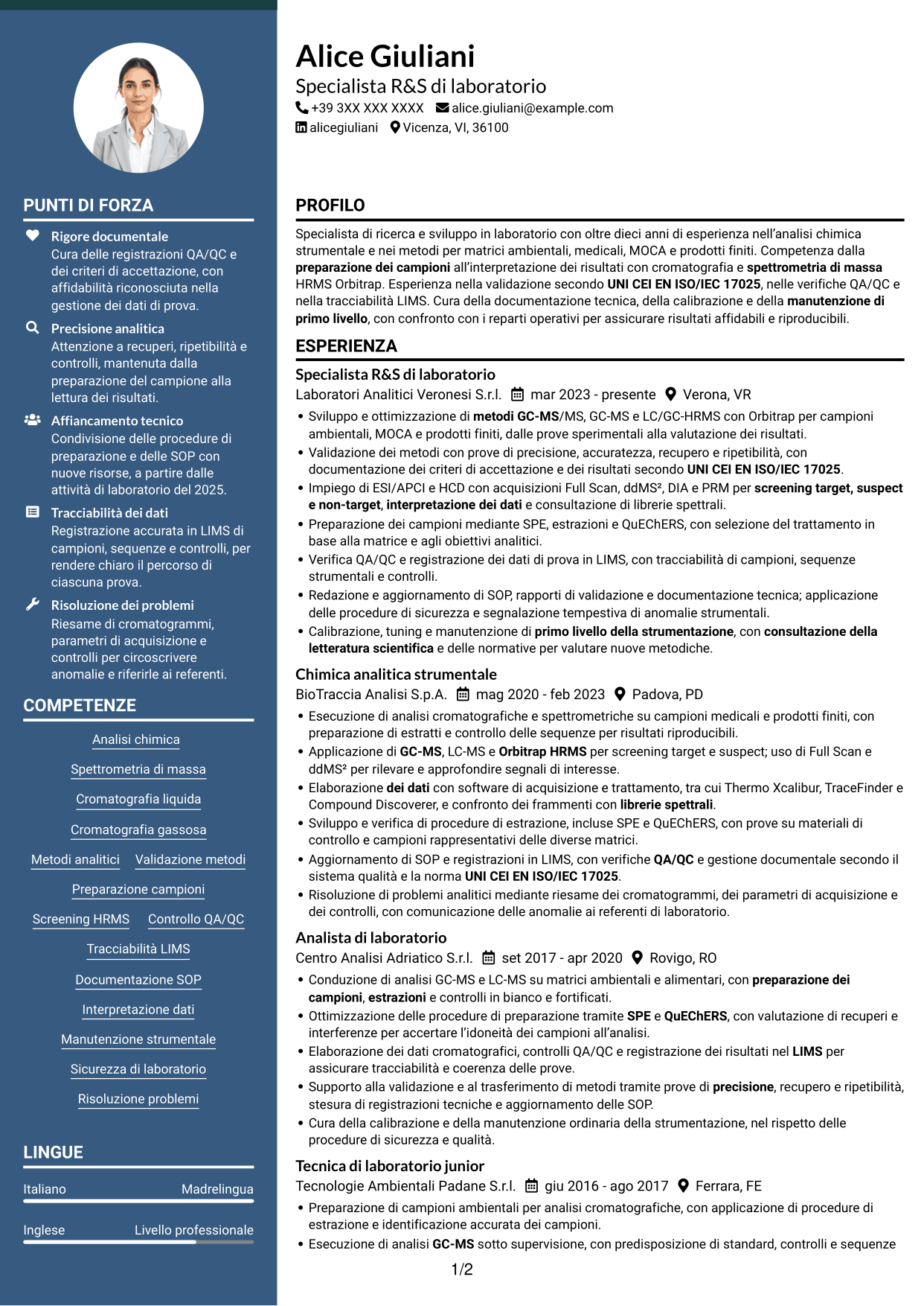 CV Elegante (formato con colonna laterale colorata e foto): Specialista R&S di laboratorio - Spettrometria di massa HRMS, pagina 1