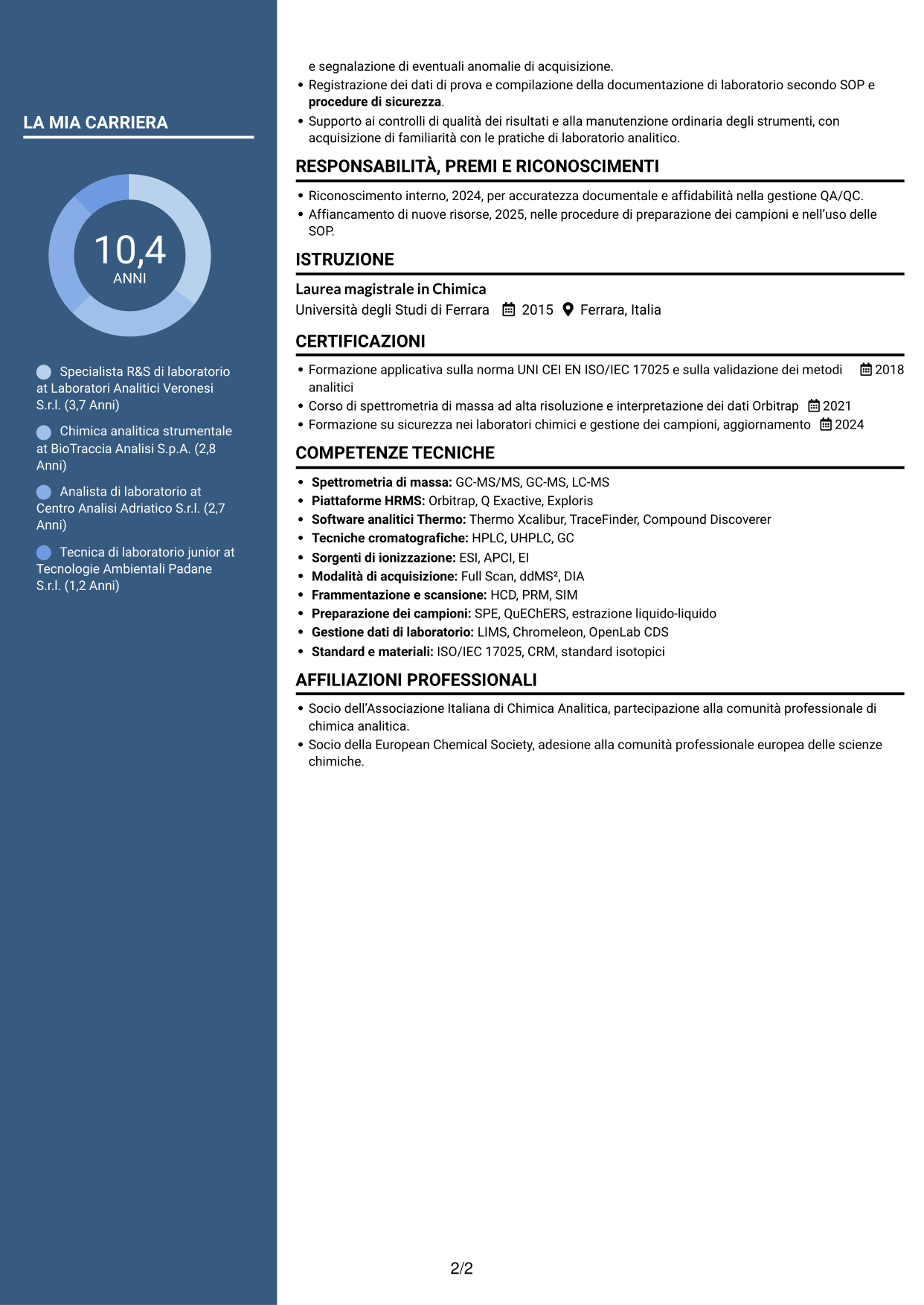CV Elegante (formato con colonna laterale colorata e foto): Specialista R&S di laboratorio - Spettrometria di massa HRMS, pagina 2