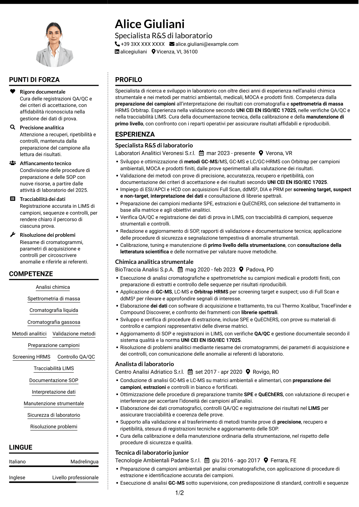 CV Moderno (formato a due colonne con foto a sinistra e separatore): Specialista R&S di laboratorio - Spettrometria di massa HRMS, pagina 1