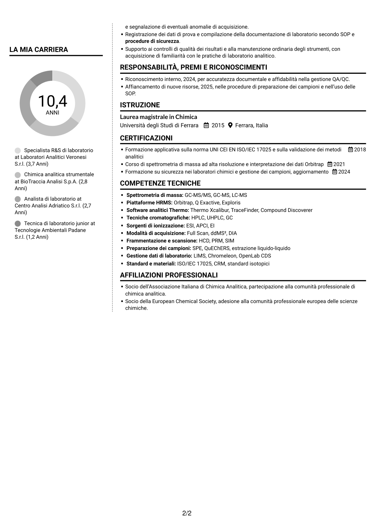 CV Moderno (formato a due colonne con foto a sinistra e separatore): Specialista R&S di laboratorio - Spettrometria di massa HRMS, pagina 2