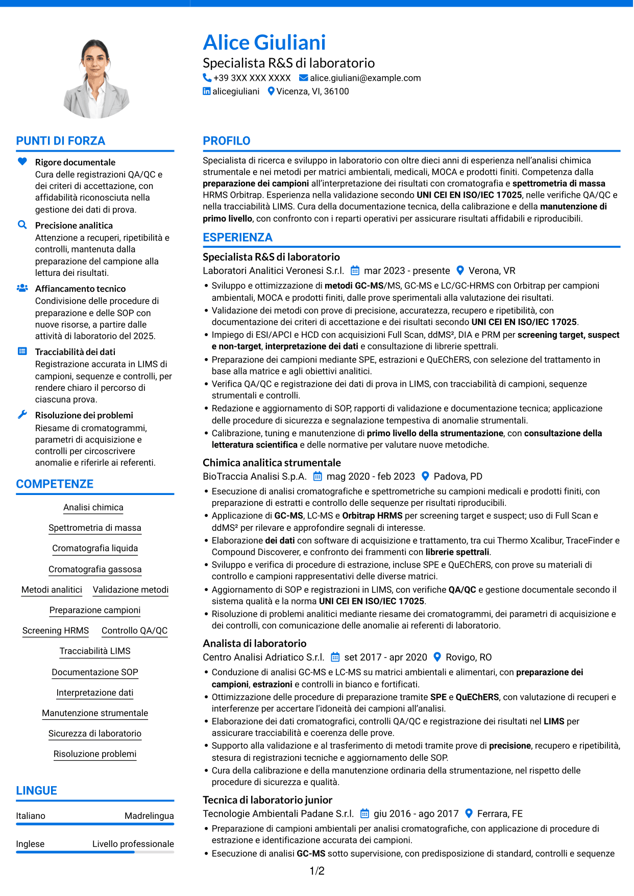 CV Audace (formato a due colonne con accenti colorati e foto): Specialista R&S di laboratorio - Spettrometria di massa HRMS, pagina 1