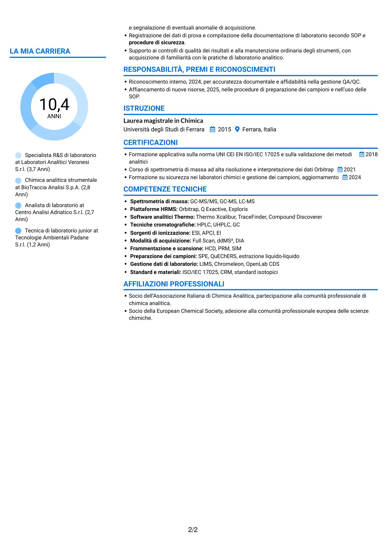 CV Audace (formato a due colonne con accenti colorati e foto): Specialista R&S di laboratorio - Spettrometria di massa HRMS, pagina 2