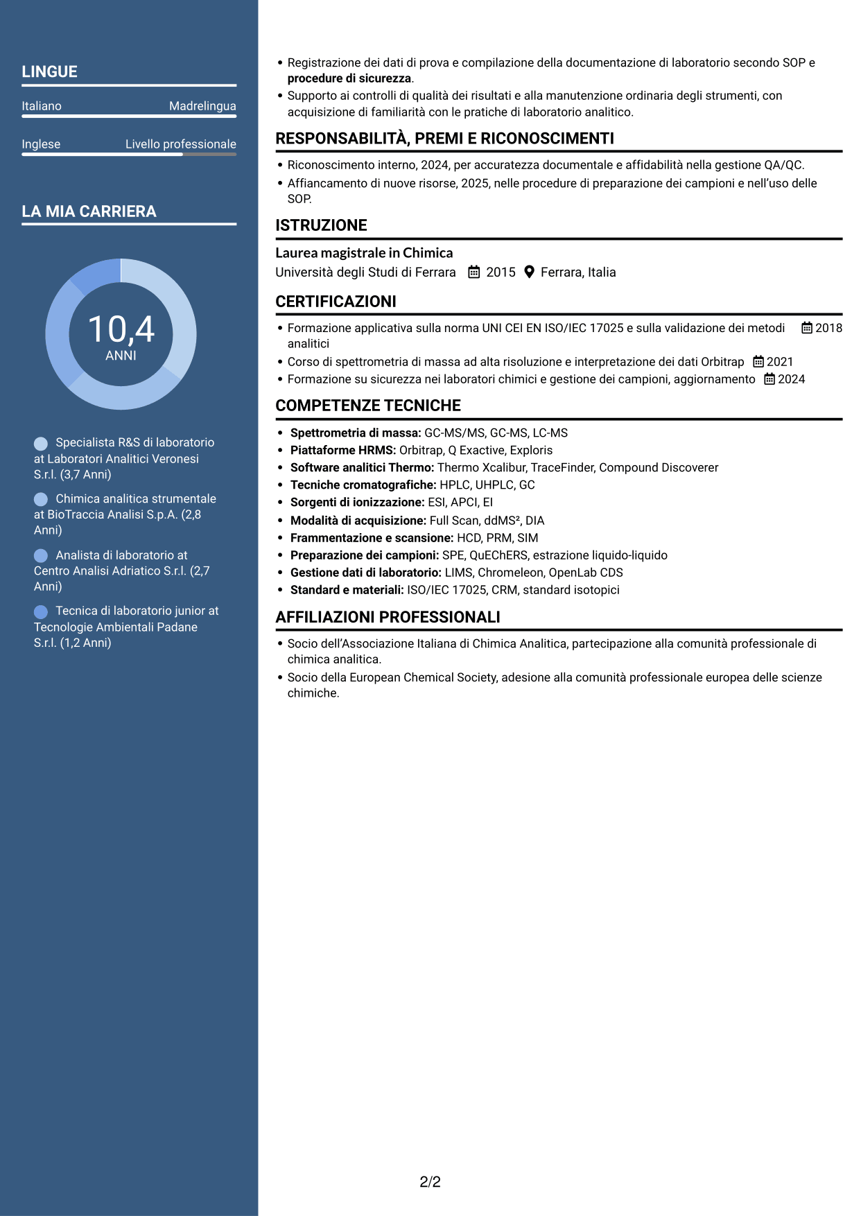 CV Signature (formato con colonna laterale colorata e foto grande): Specialista R&S di laboratorio - Spettrometria di massa HRMS, pagina 2