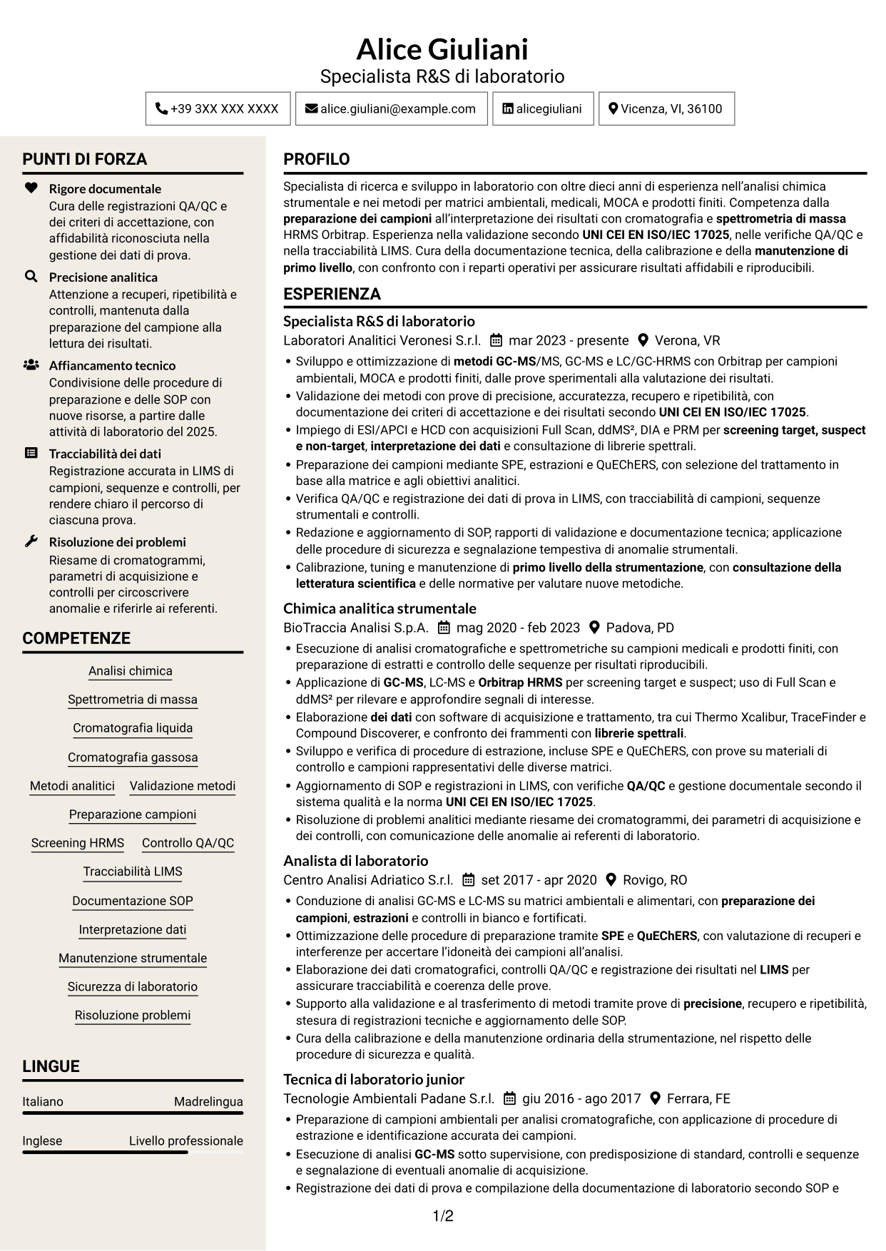 CV Intraprendente (formato a due colonne con intestazione centrata senza foto): Specialista R&S di laboratorio - Spettrometria di massa HRMS, pagina 1