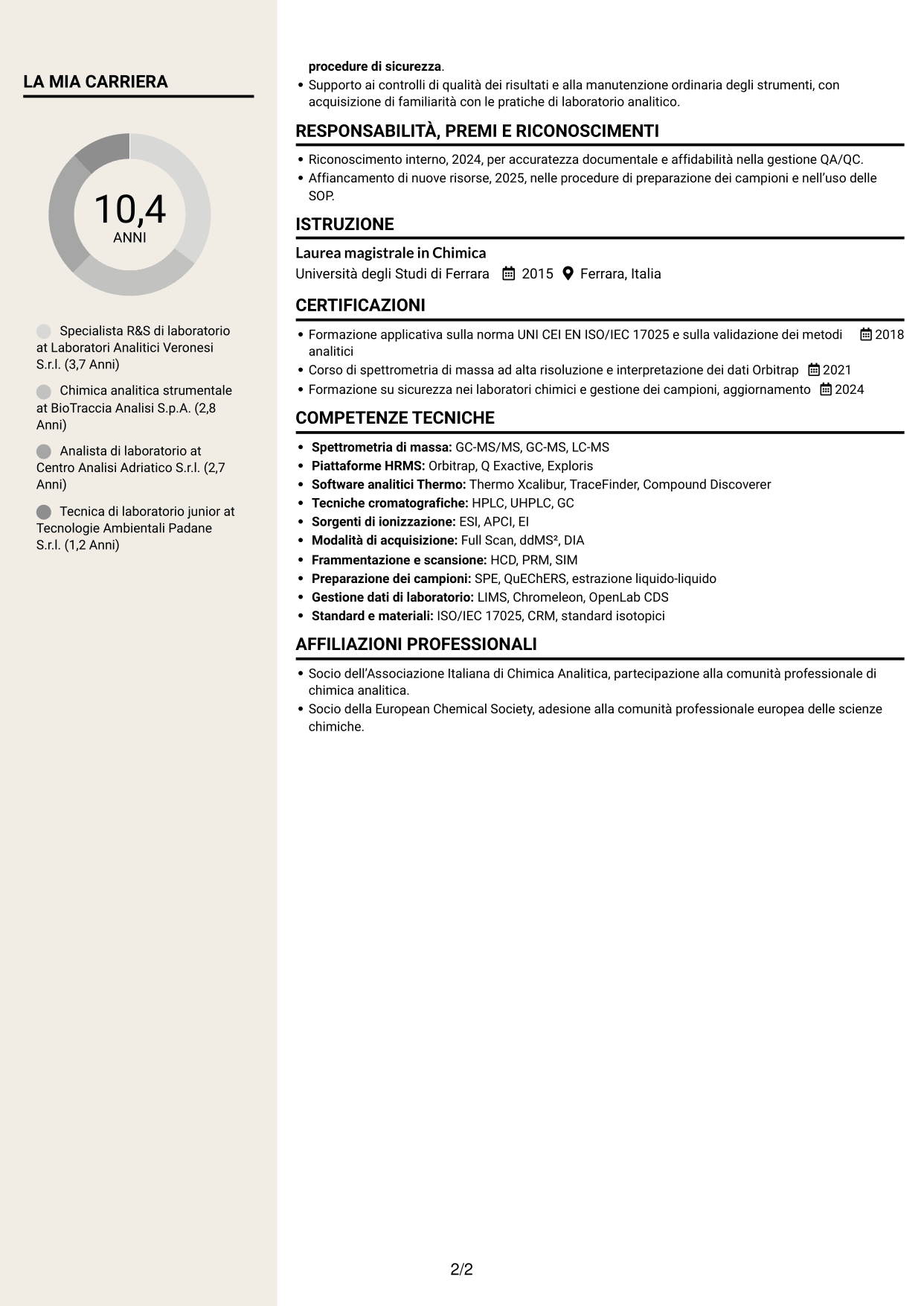 CV Intraprendente (formato a due colonne con intestazione centrata senza foto): Specialista R&S di laboratorio - Spettrometria di massa HRMS, pagina 2